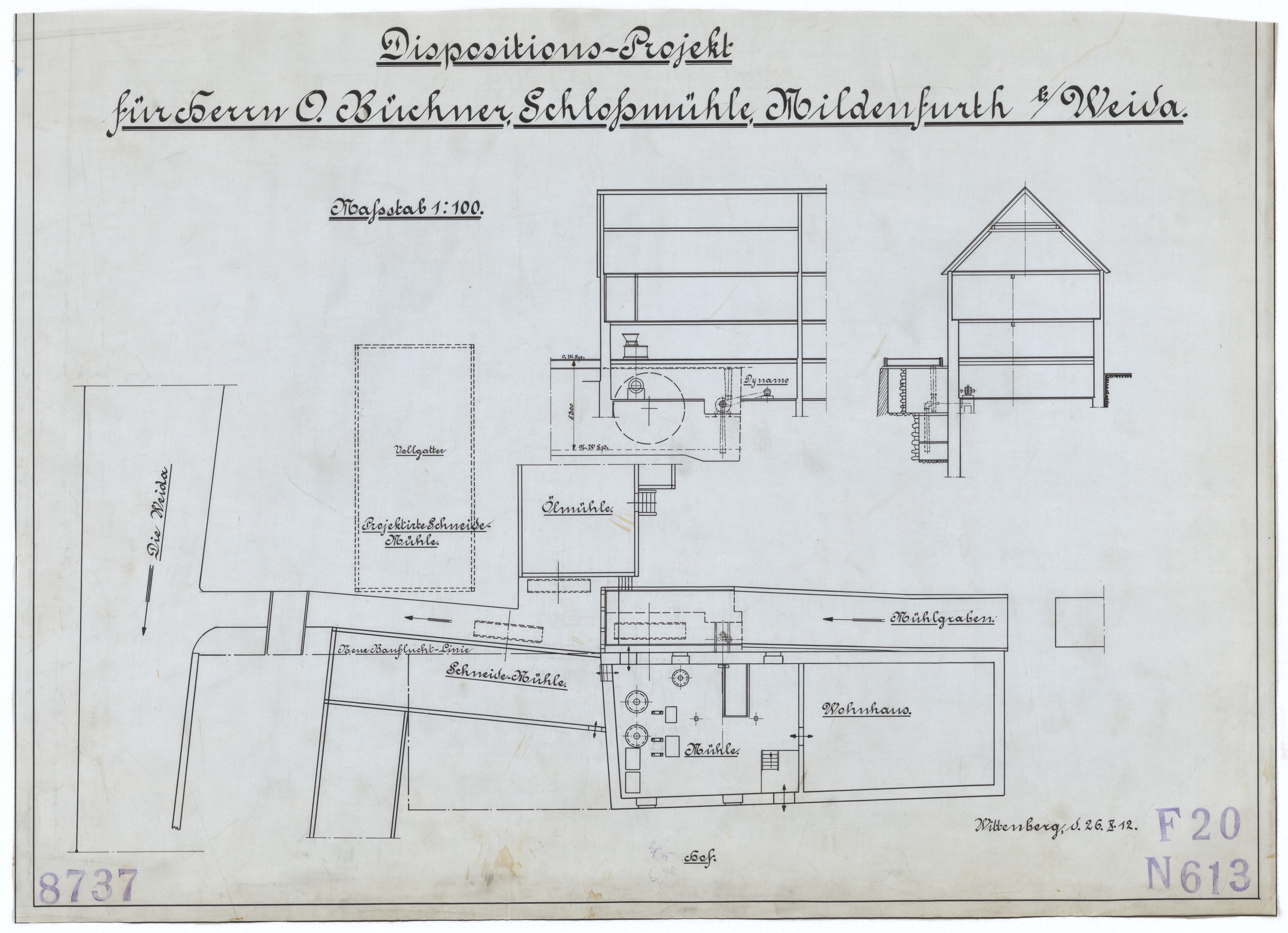 Technische Zeichnung : Dispositions-Projekt für Herrn O. Büchner, Schlossmühle, Mildenfurth bei Weida (Stiftung Deutsches Technikmuseum Berlin CC BY-SA)