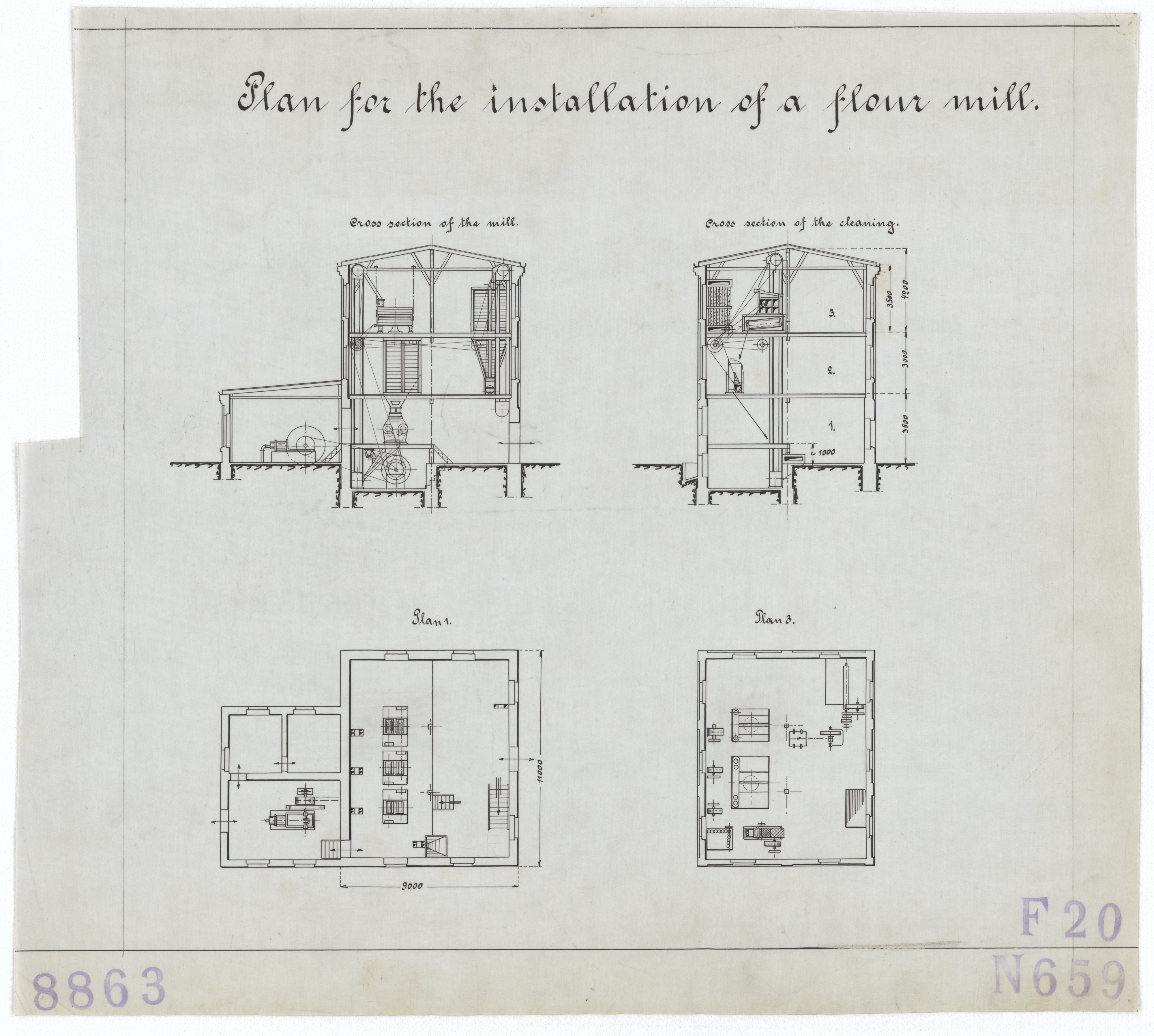 Technische Zeichnung : Plan for the installation of a flour mill [Plan für den Bau einer Mahlmühle] (Stiftung Deutsches Technikmuseum Berlin CC BY-SA)
