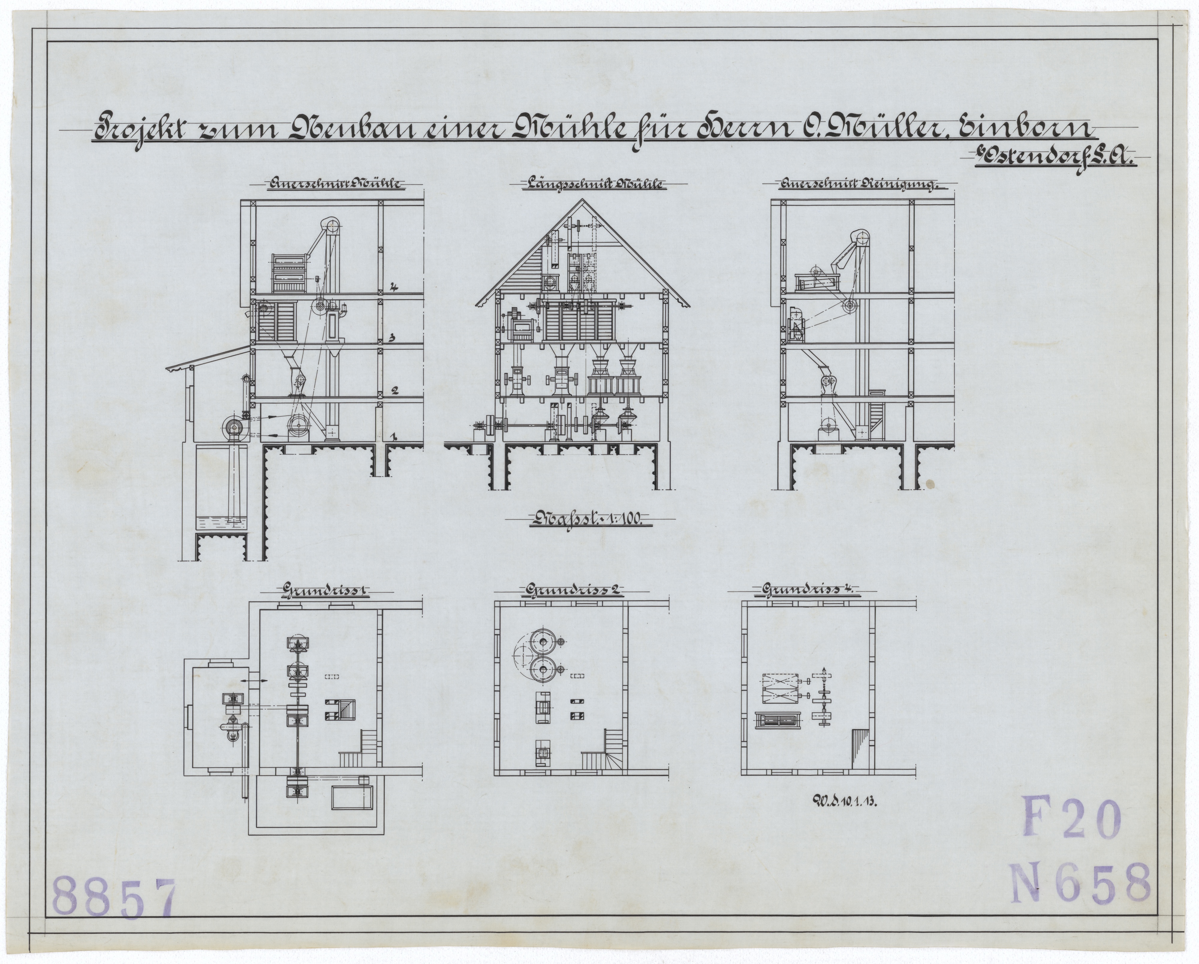 Technische Zeichnung : Projekt zum Neubau einer Mühle für Herrn O. Müller, Einborn bei Ostendorf[,] Sachsen-Anhalt (Stiftung Deutsches Technikmuseum Berlin CC BY-SA)