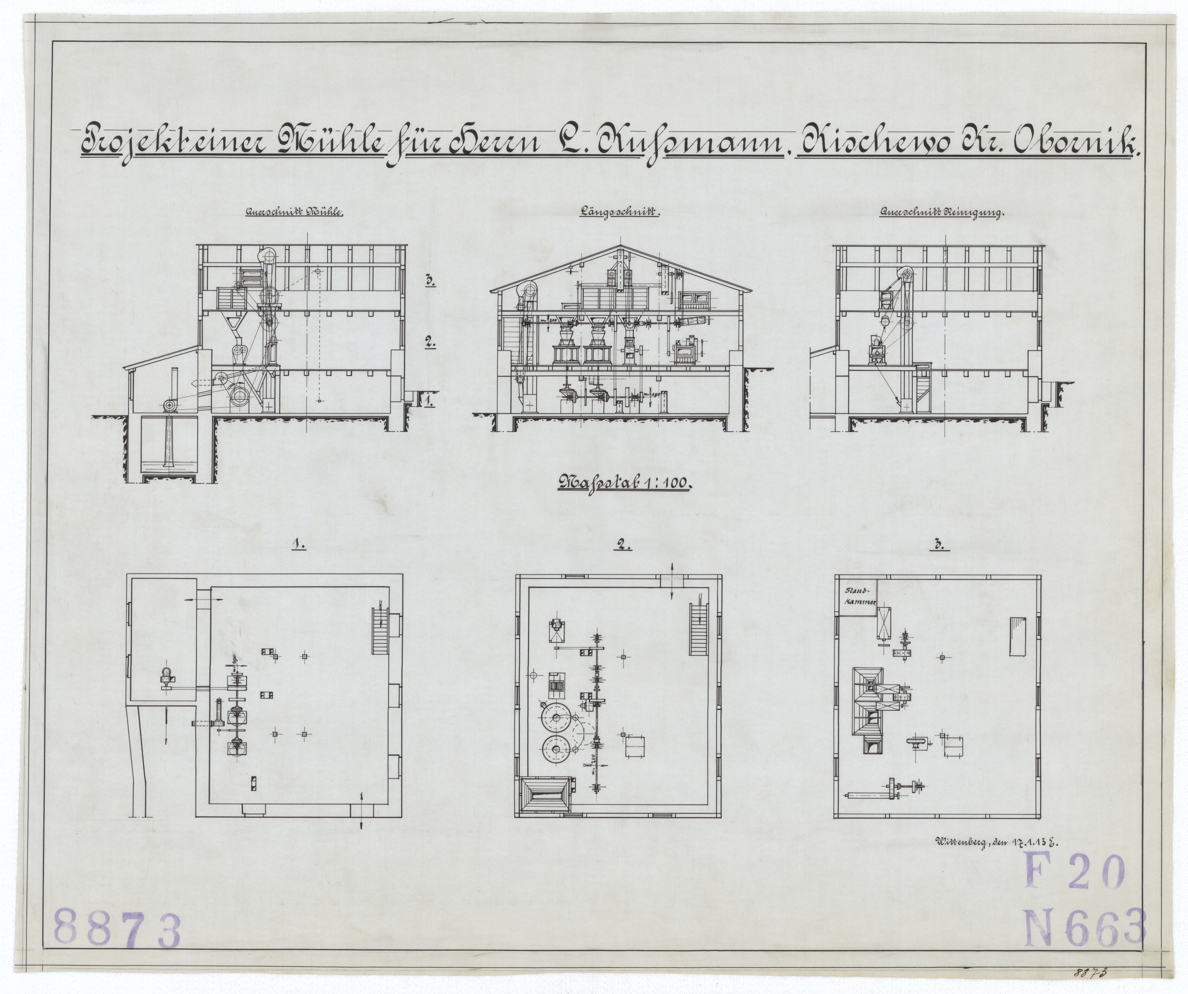Technische Zeichnung : Projekt einer Mühle für Herrn L. Kussmann, Kischewo[,] Kreis Obornik (Stiftung Deutsches Technikmuseum Berlin CC BY-SA)