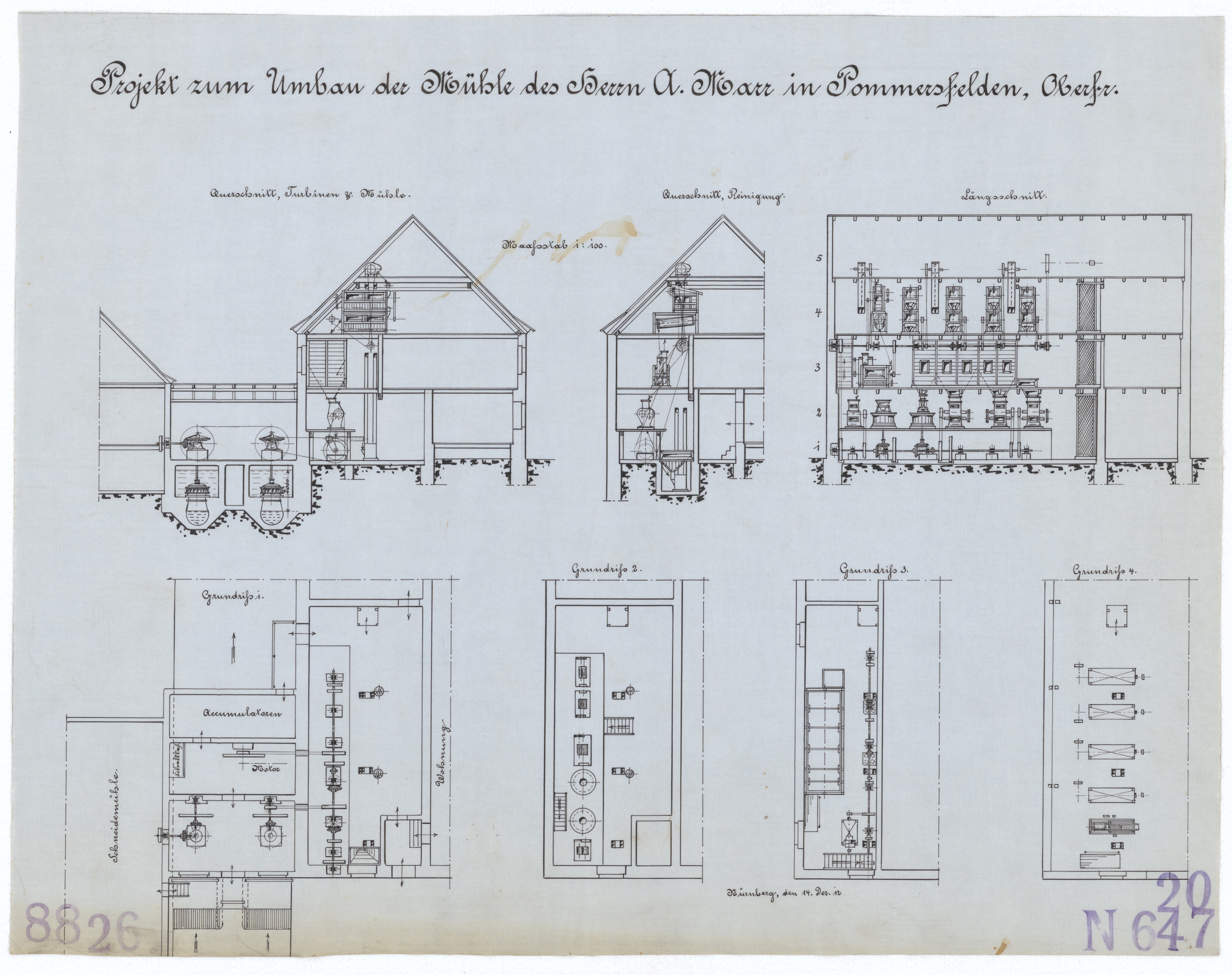 Technische Zeichnung : Projekt zum Umbau der Mühle des Herrn A. Marr in Pommersfelden, Oberfranken (Stiftung Deutsches Technikmuseum Berlin CC BY-SA)