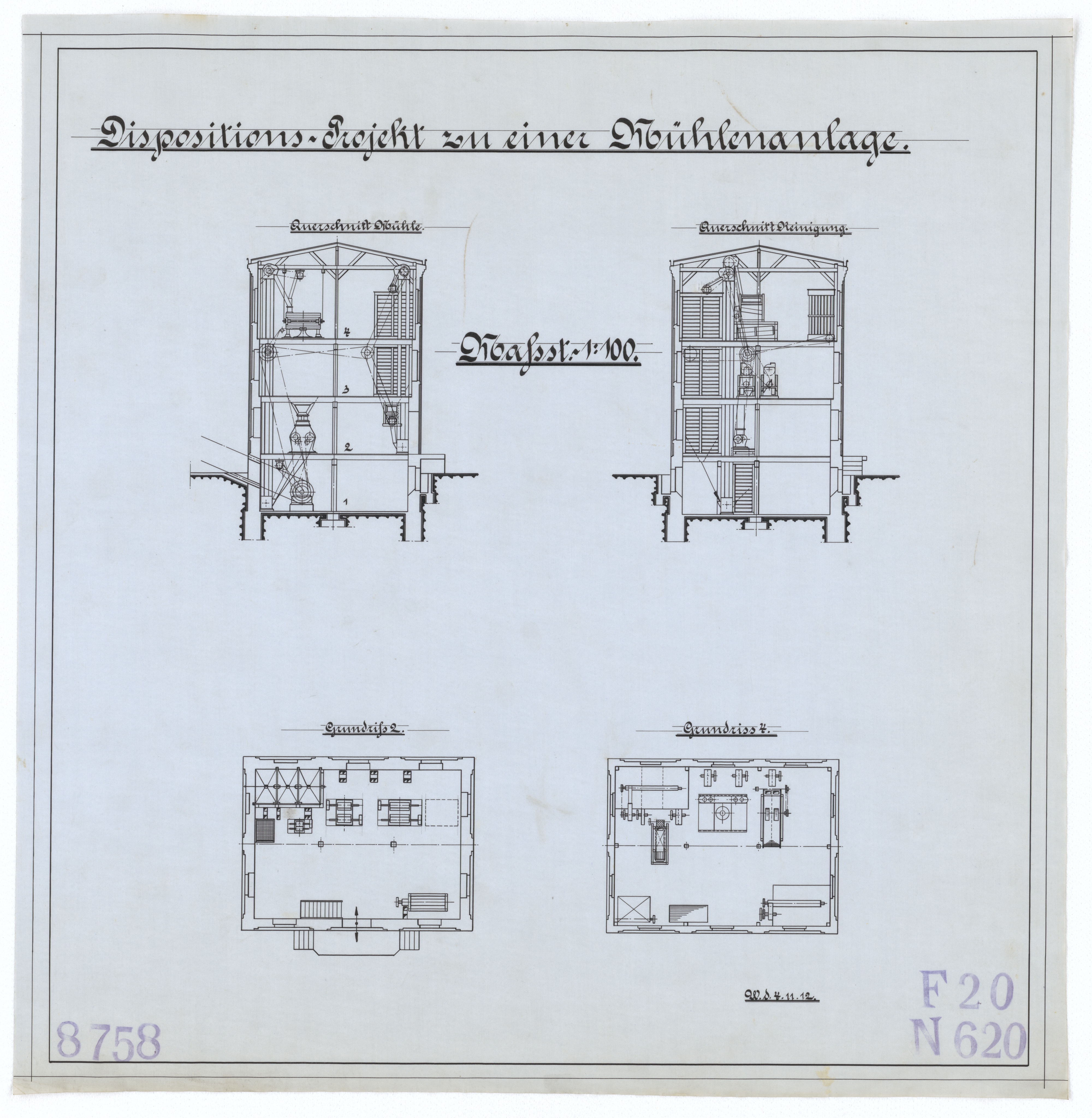Technische Zeichnung : Dispositions-Projekt zu einer Mühlenanlage (Stiftung Deutsches Technikmuseum Berlin CC BY-SA)
