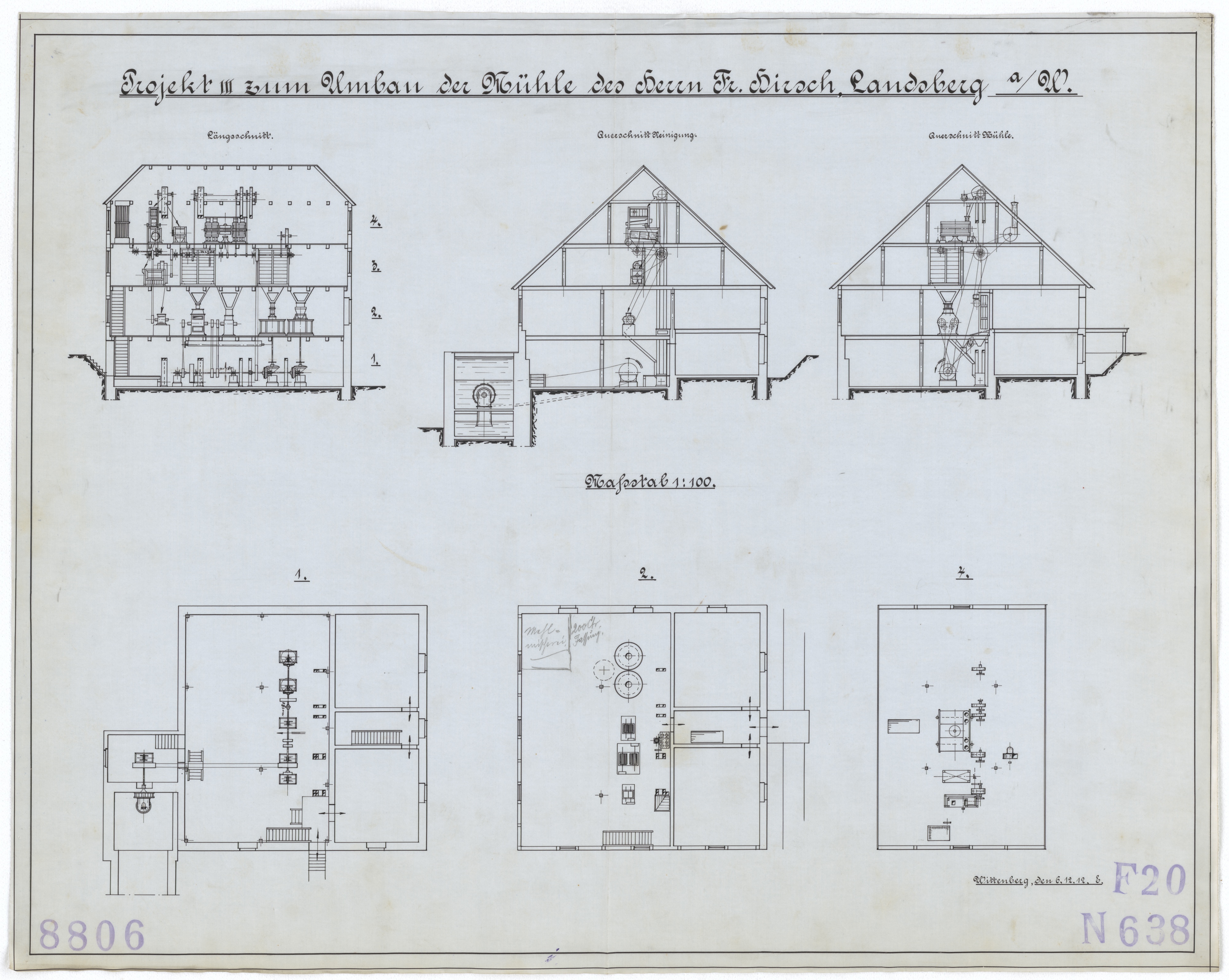Technische Zeichnung : Projekt 3 zum Umbau der Mühle des Herrn Fr. Hirsch, Landsberg an der Warthe (Stiftung Deutsches Technikmuseum Berlin CC BY-SA)