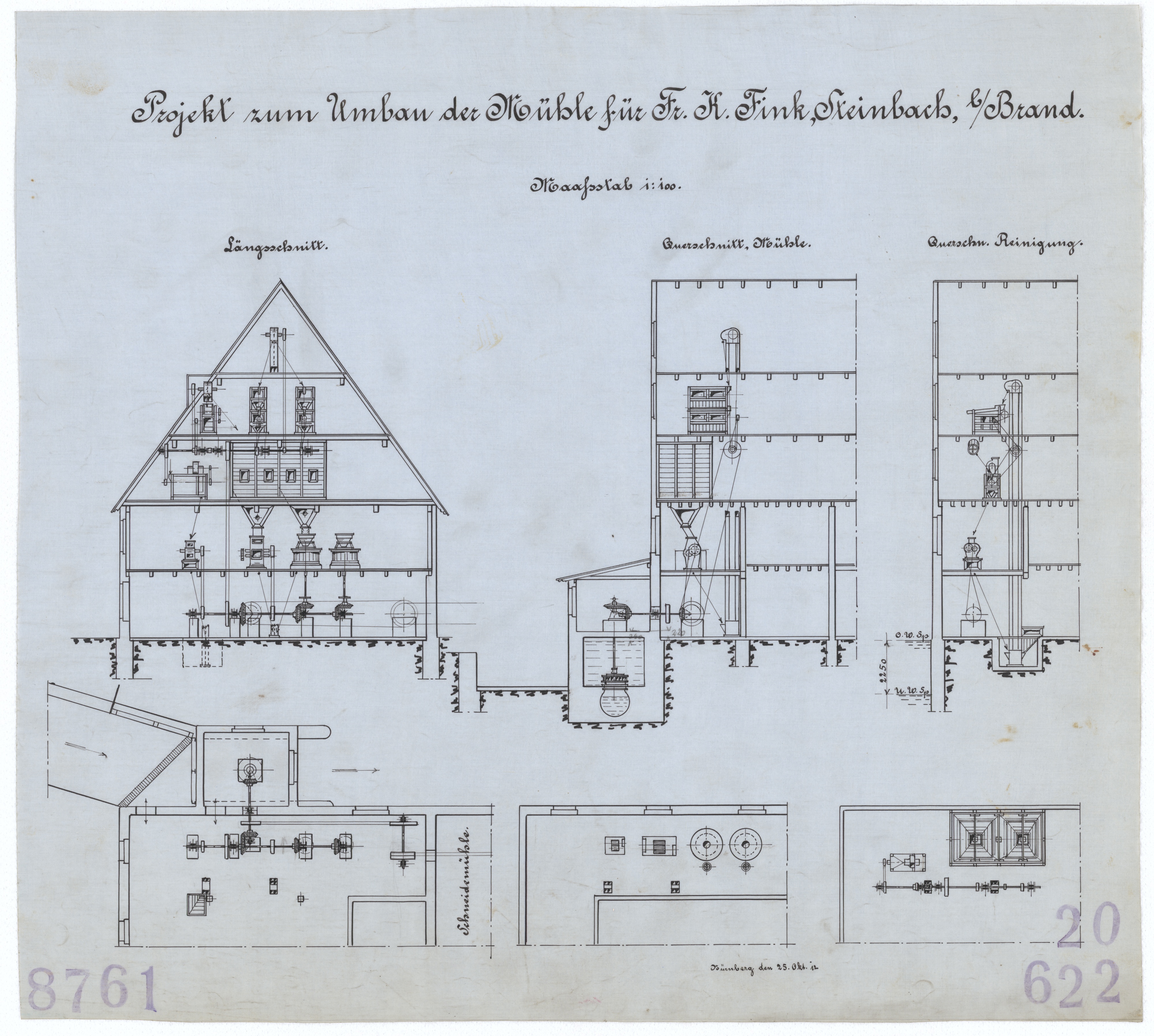 Technische Zeichnung : Projekt zum Umbau der Mühle für Fr. K. Fink, Steinbach bei Brand (Stiftung Deutsches Technikmuseum Berlin CC BY-SA)