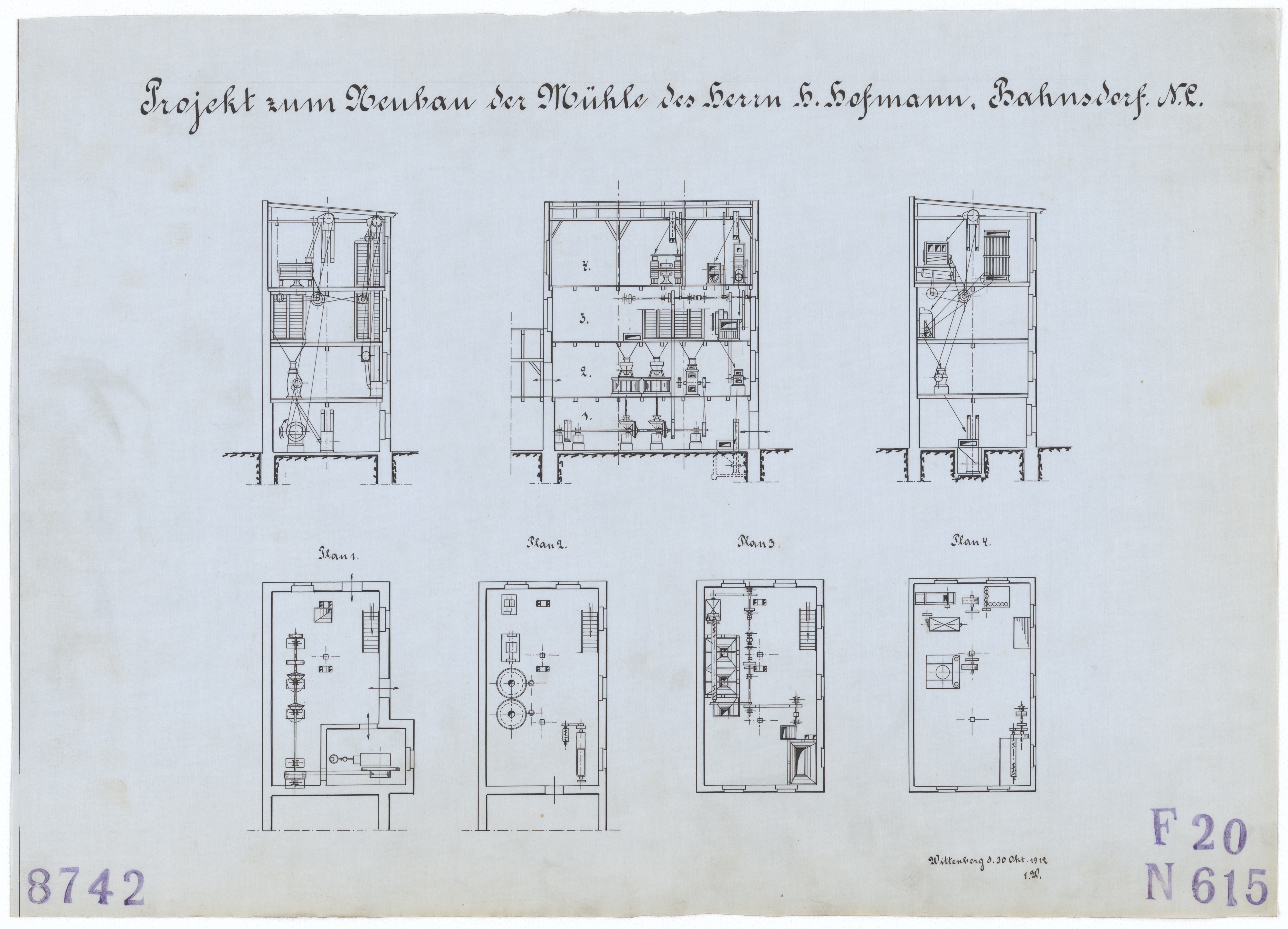 Technische Zeichnung : Projekt zum Neubau der Mühle des Herrn H. Hofmann, Bahnsdorf[,] Niederlausitz (Stiftung Deutsches Technikmuseum Berlin CC BY-SA)