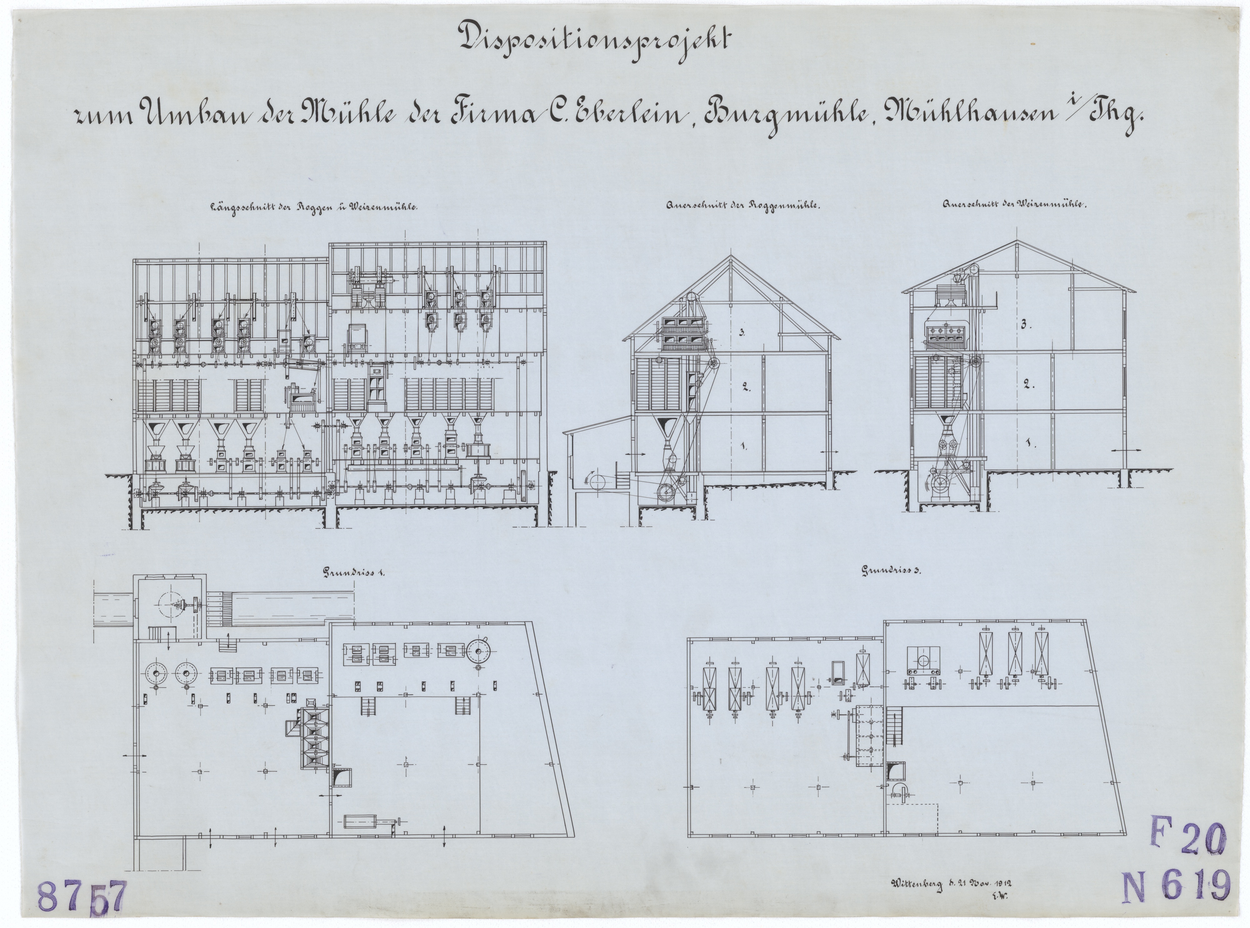 Technische Zeichnung : Dispositionsprojekt zum Umbau der Mühle der Firma C. Eberlein, Burgmühle, Mühlhausen in Thüringen (Stiftung Deutsches Technikmuseum Berlin CC BY-SA)