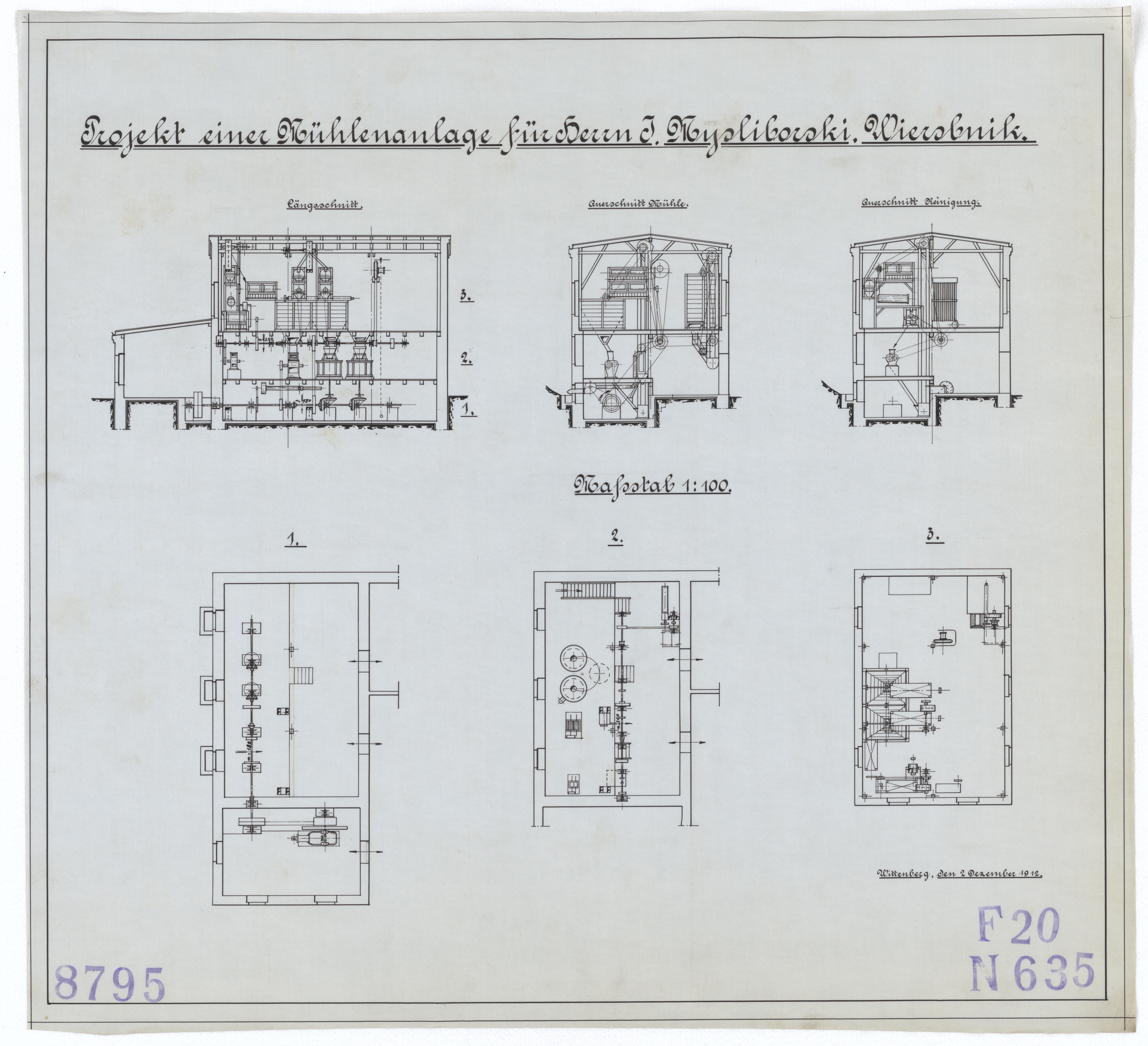 Technische Zeichnung : Projekt einer Mühlenanlage für Herrn J. Mysliborski, Wierzbnik (Stiftung Deutsches Technikmuseum Berlin CC BY-SA)