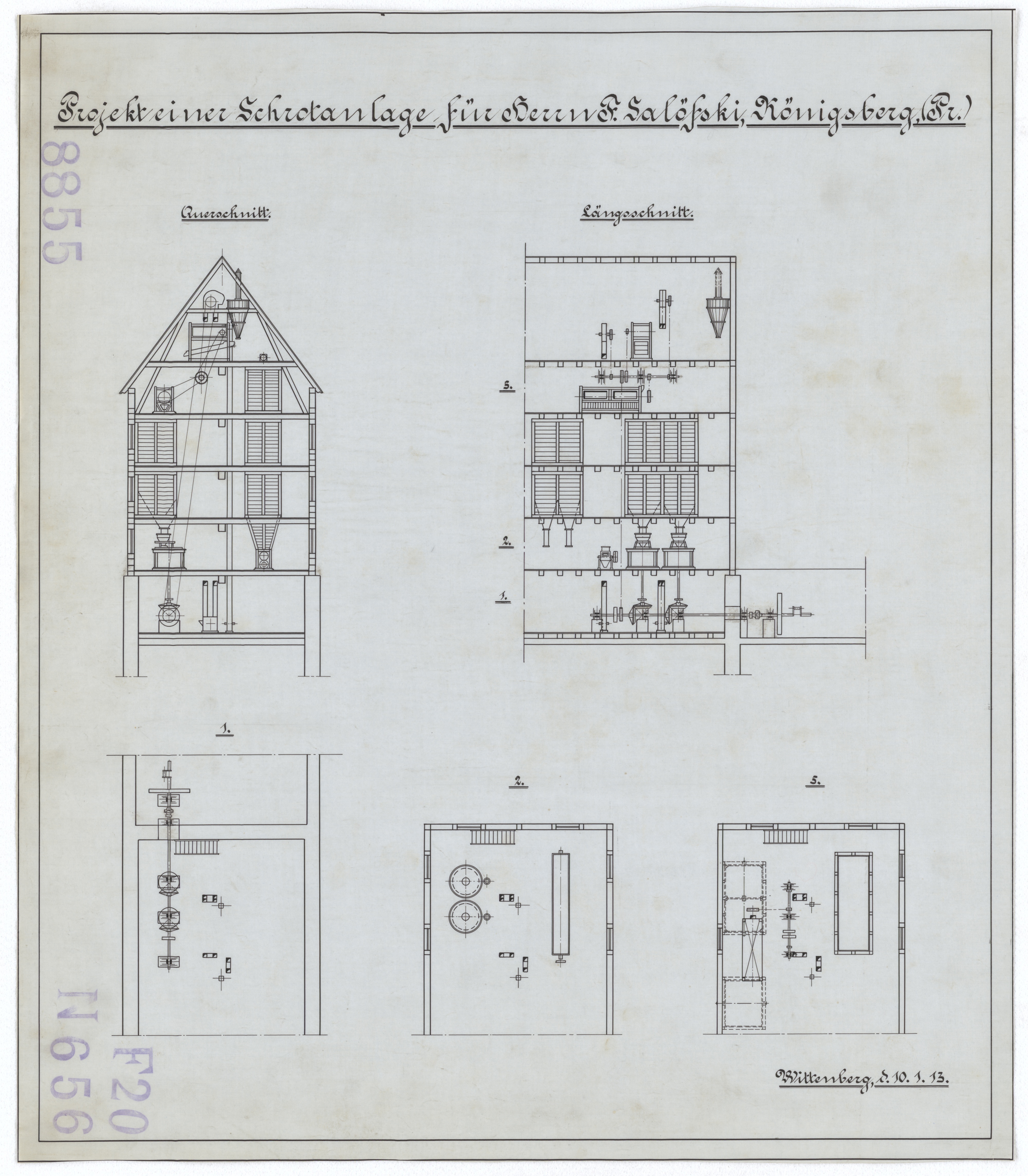 Technische Zeichnung : Projekt einer Schrotanlage für Herrn F. Salöfski, Königsberg (Preußen) (Stiftung Deutsches Technikmuseum Berlin CC BY-SA)