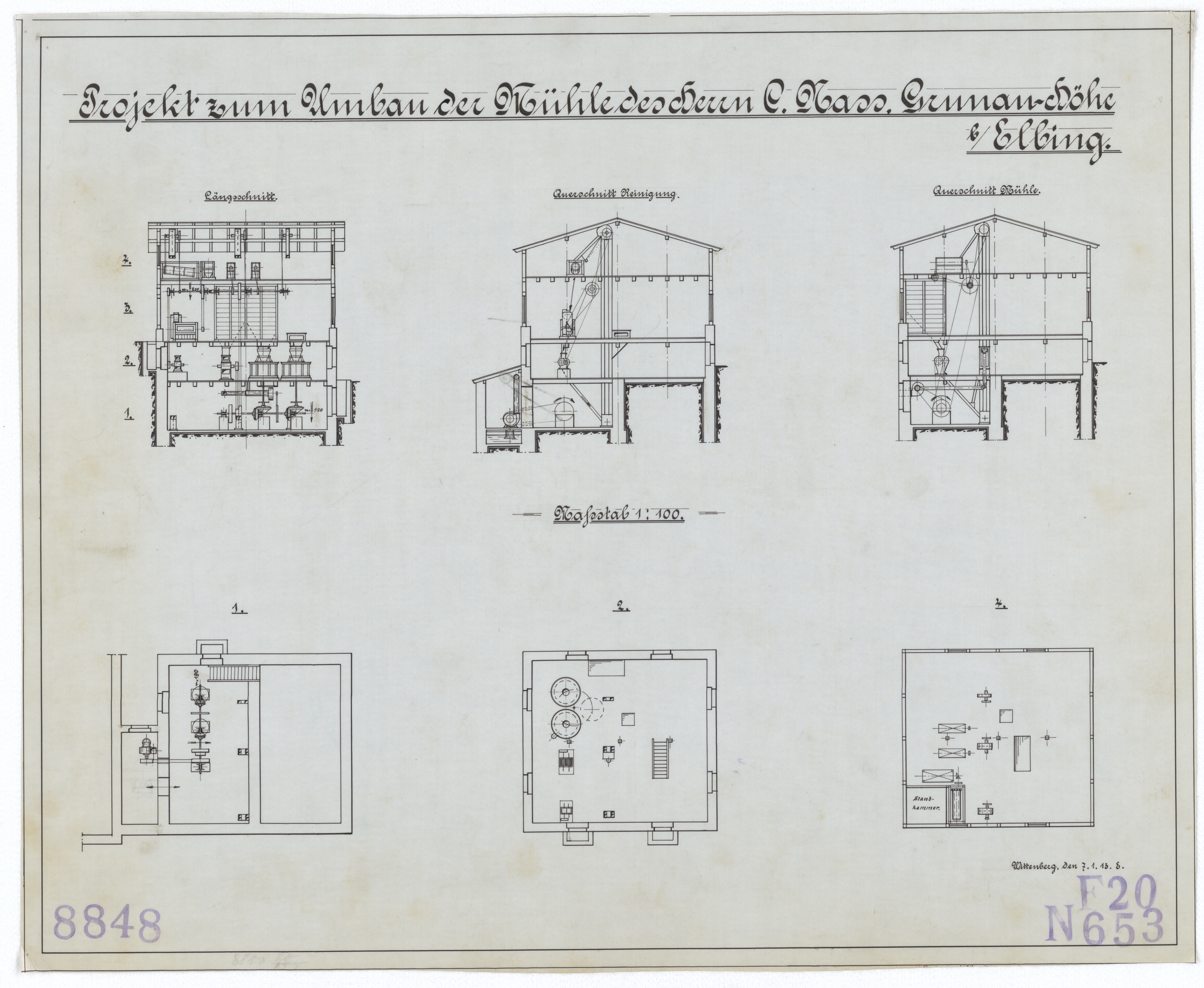 Technische Zeichnung : Projekt zum Umbau der Mühle des Herrn Conrad Nass, Grunau-Höhe bei Elbing (Stiftung Deutsches Technikmuseum Berlin CC BY-SA)