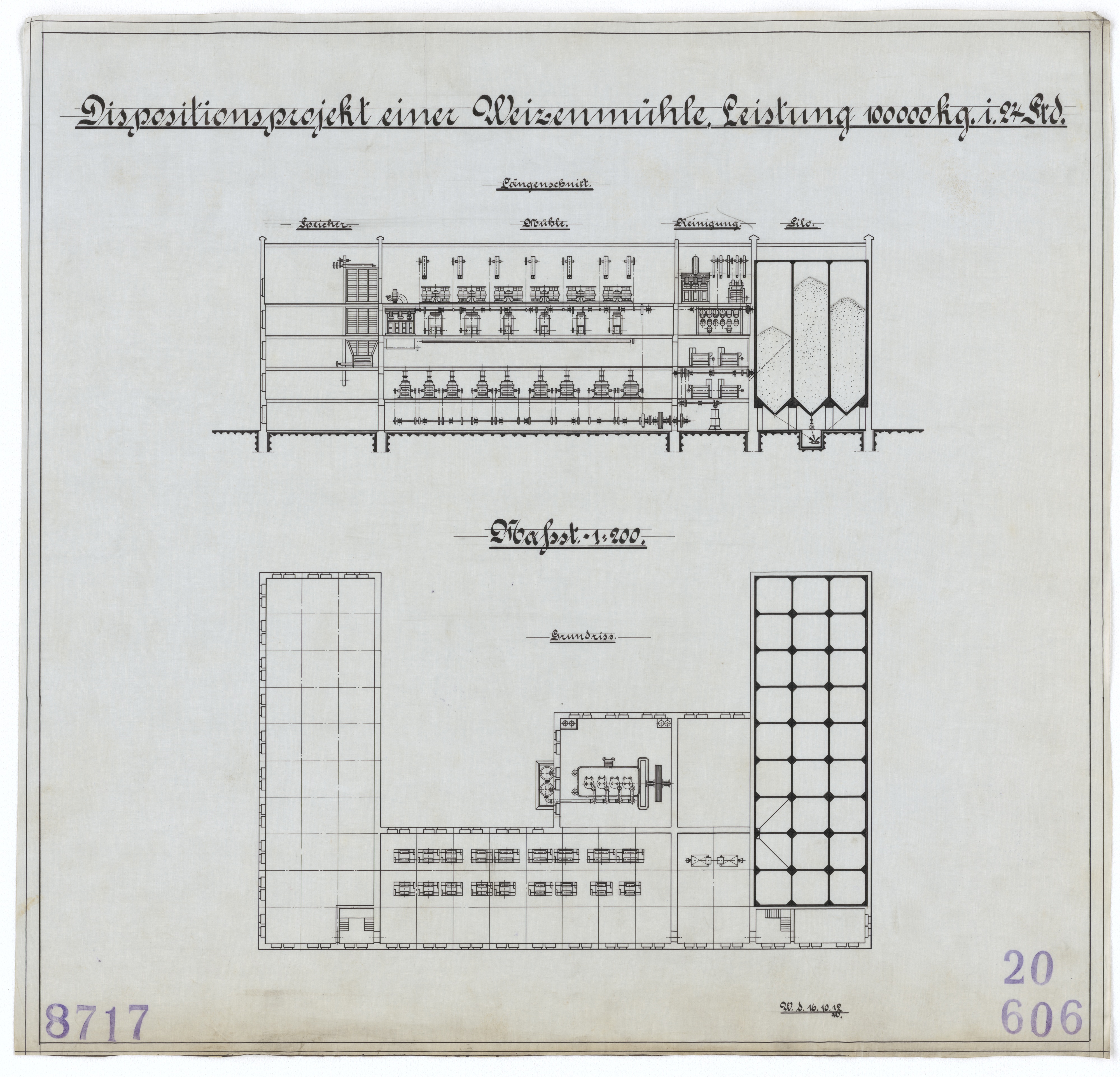 Technische Zeichnung : Dispositionsprojekt einer Weizenmühle, Leistung 10000 kg in 24 Stunden (Stiftung Deutsches Technikmuseum Berlin CC BY-SA)