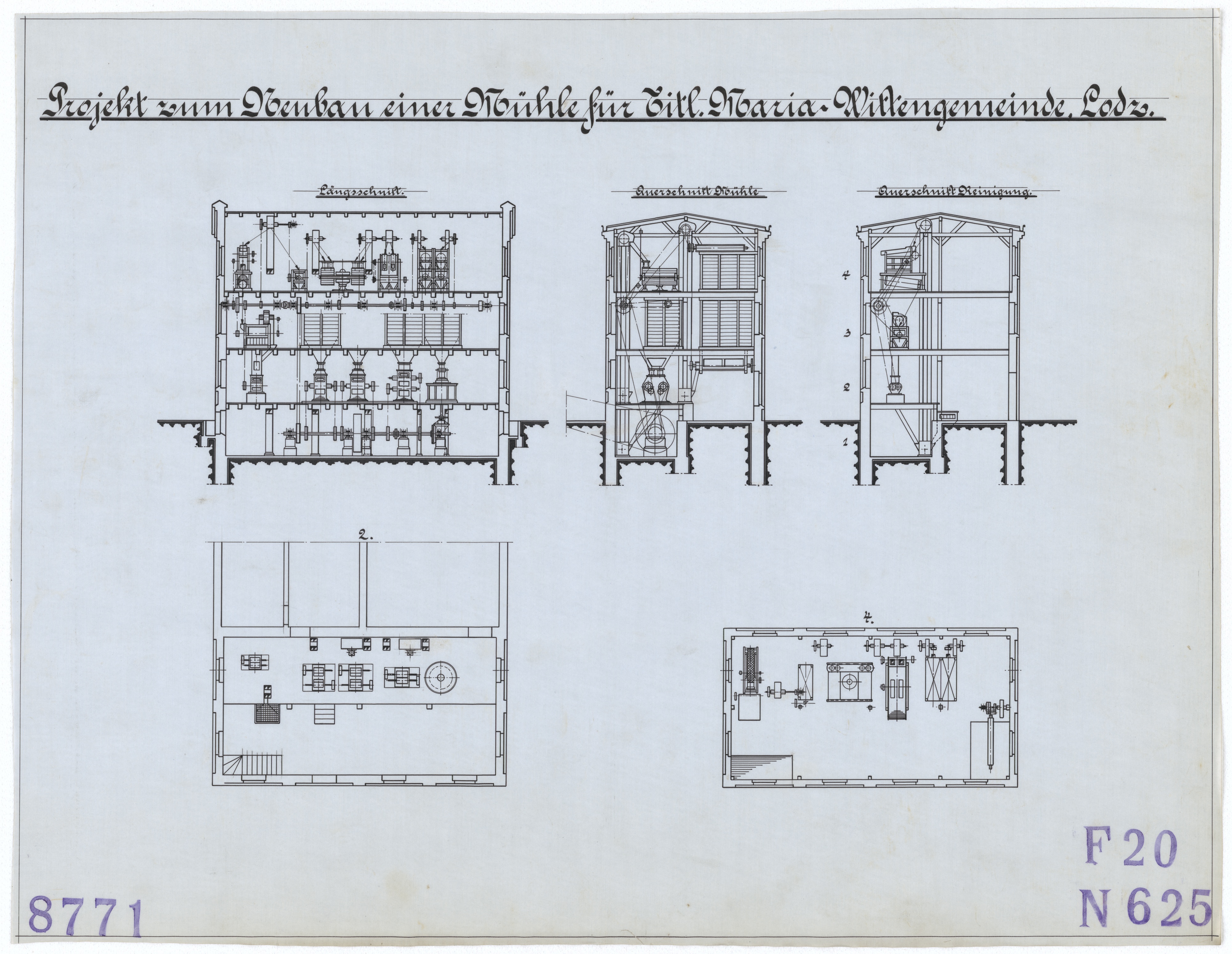 Technische Zeichnung : Projekt zum Neubau einer Mühle für Titl. Maria-Wittengemeinde, Lodz (Stiftung Deutsches Technikmuseum Berlin CC BY-SA)