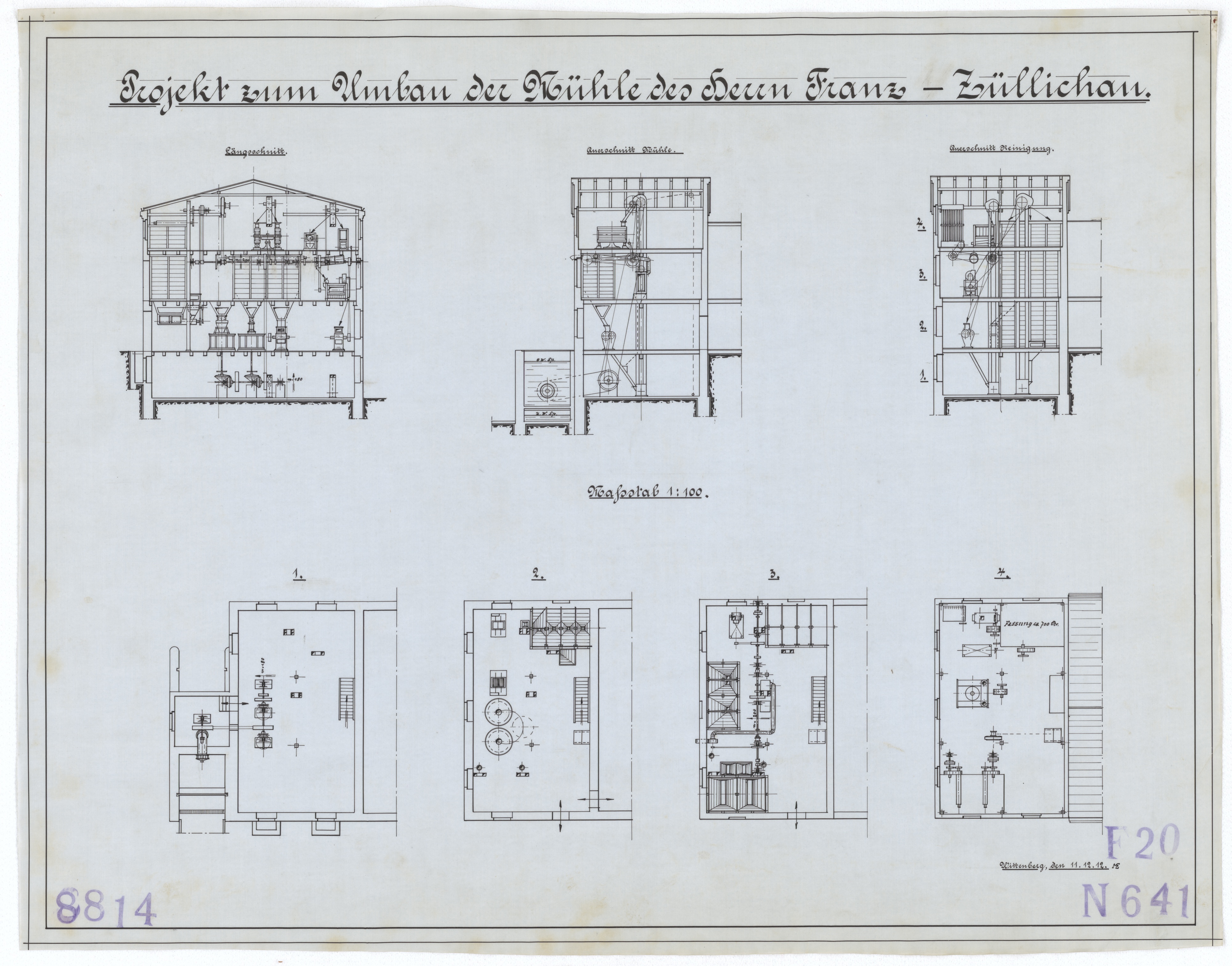 Technische Zeichnung : Projekt zum Umbau der Mühle des Herrn Franz[,] Züllichau (Stiftung Deutsches Technikmuseum Berlin CC BY-SA)