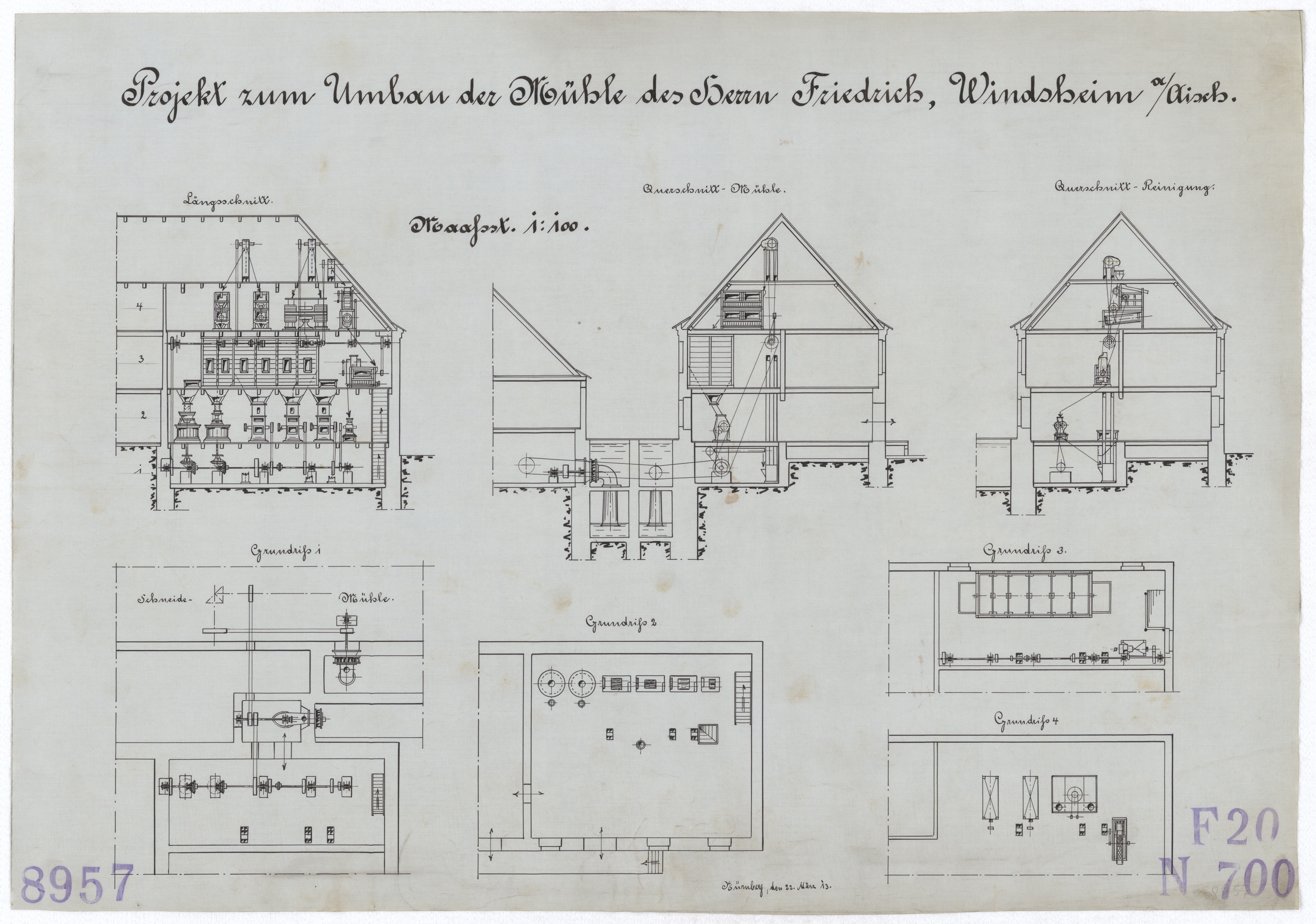 Technische Zeichnung : Projekt zum Umbau der Mühle des Herrn Friedrich, Windsheim an der Aisch (Stiftung Deutsches Technikmuseum Berlin CC BY-SA)