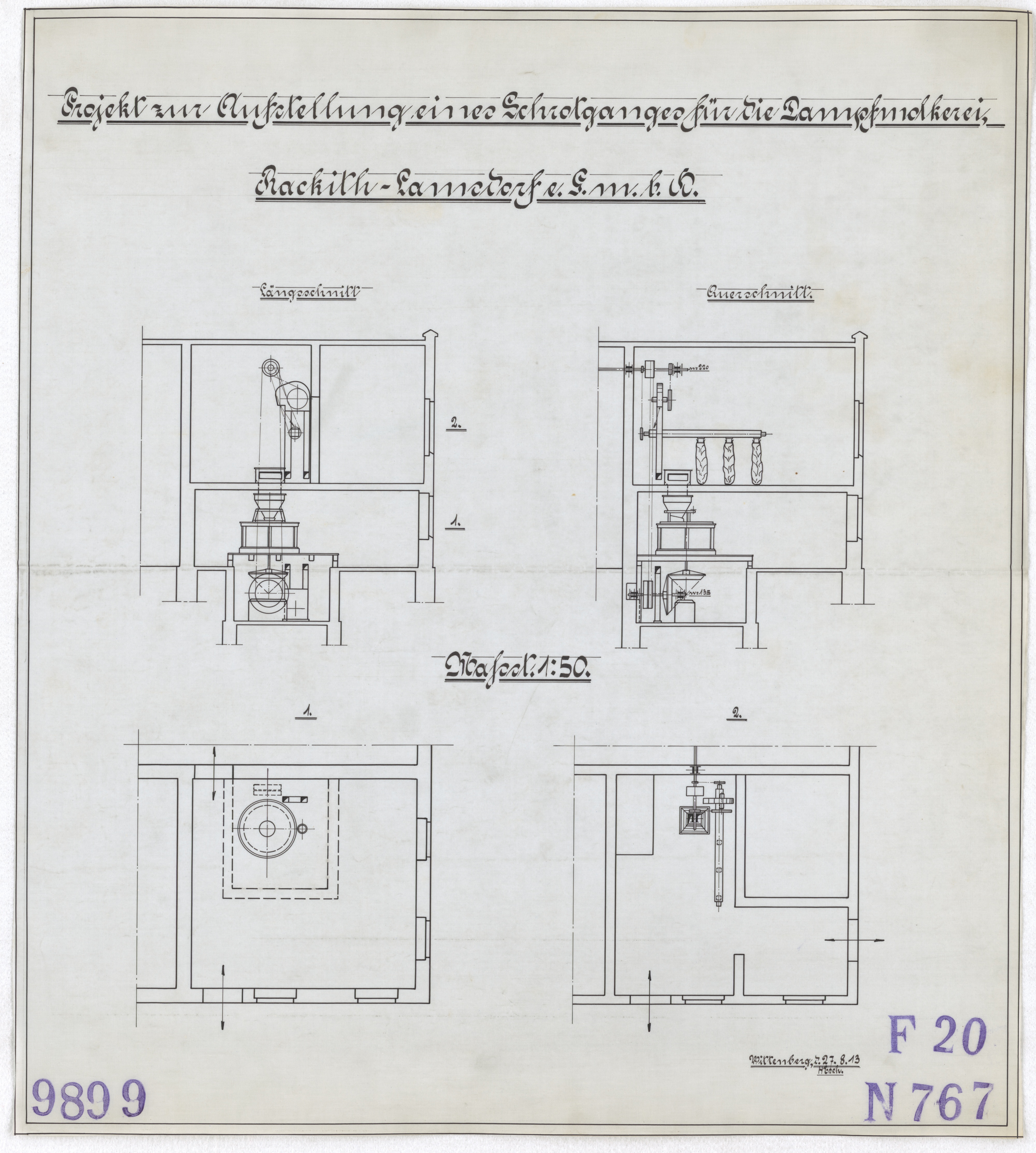 Technische Zeichnung : Projekt zur Aufstellung eines Schrotganges für die Dampfmolkerei Rackith-Lamsdorf eGmbH (Stiftung Deutsches Technikmuseum Berlin CC BY-SA)