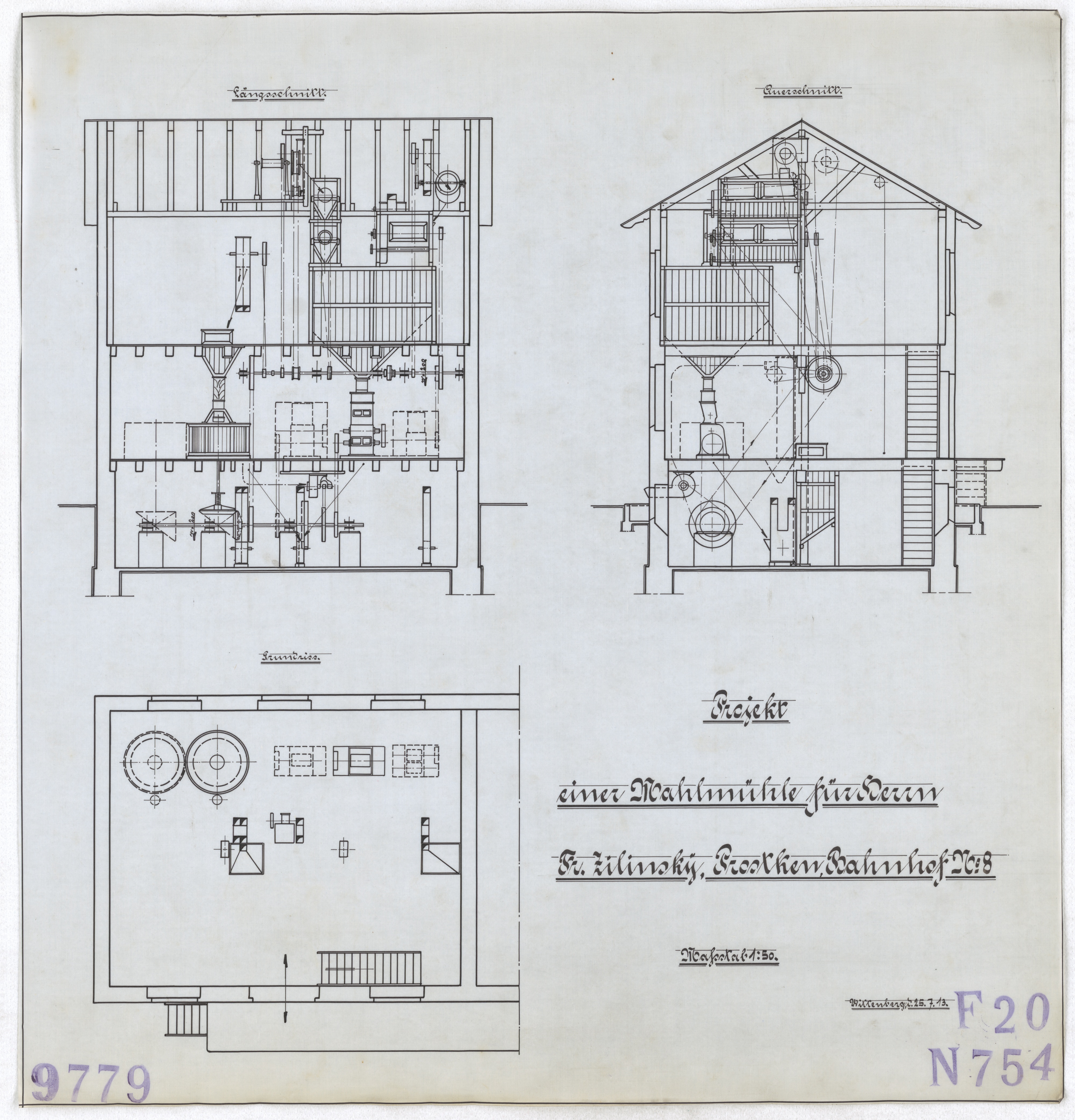 Technische Zeichnung : Projekt einer Mahlmühle für Herrn Fr. Zilinsky, Prostken, Bahnhof Nr. 8 (Stiftung Deutsches Technikmuseum Berlin CC BY-SA)