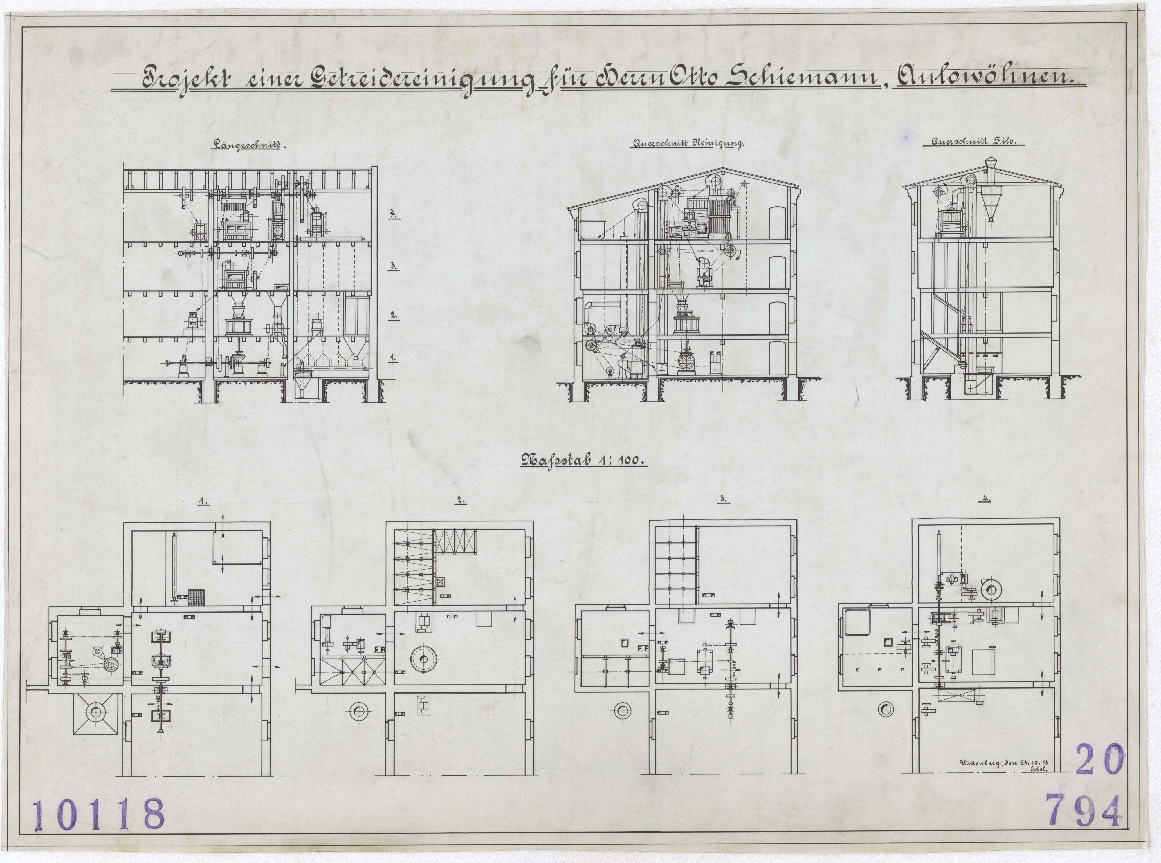 Technische Zeichnung : Projekt einer Getreidereinigung für Herrn Otto Schiemann, Aulowöhnen (Stiftung Deutsches Technikmuseum Berlin CC BY-SA)