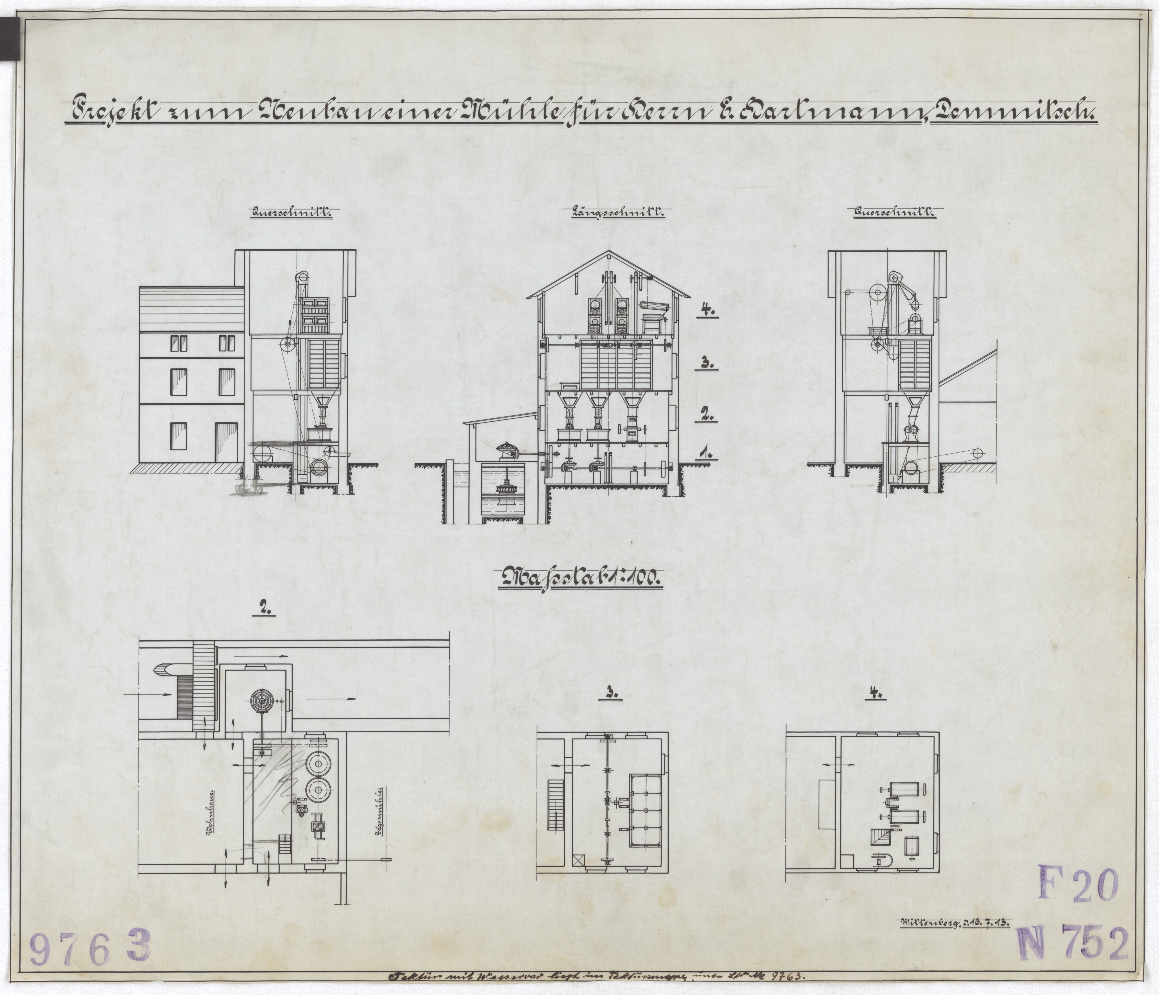 Technische Zeichnung : Projekt zum Neubau einer Mühle für Herrn E. Hartmann, Dommitzsch (Stiftung Deutsches Technikmuseum Berlin CC BY-SA)