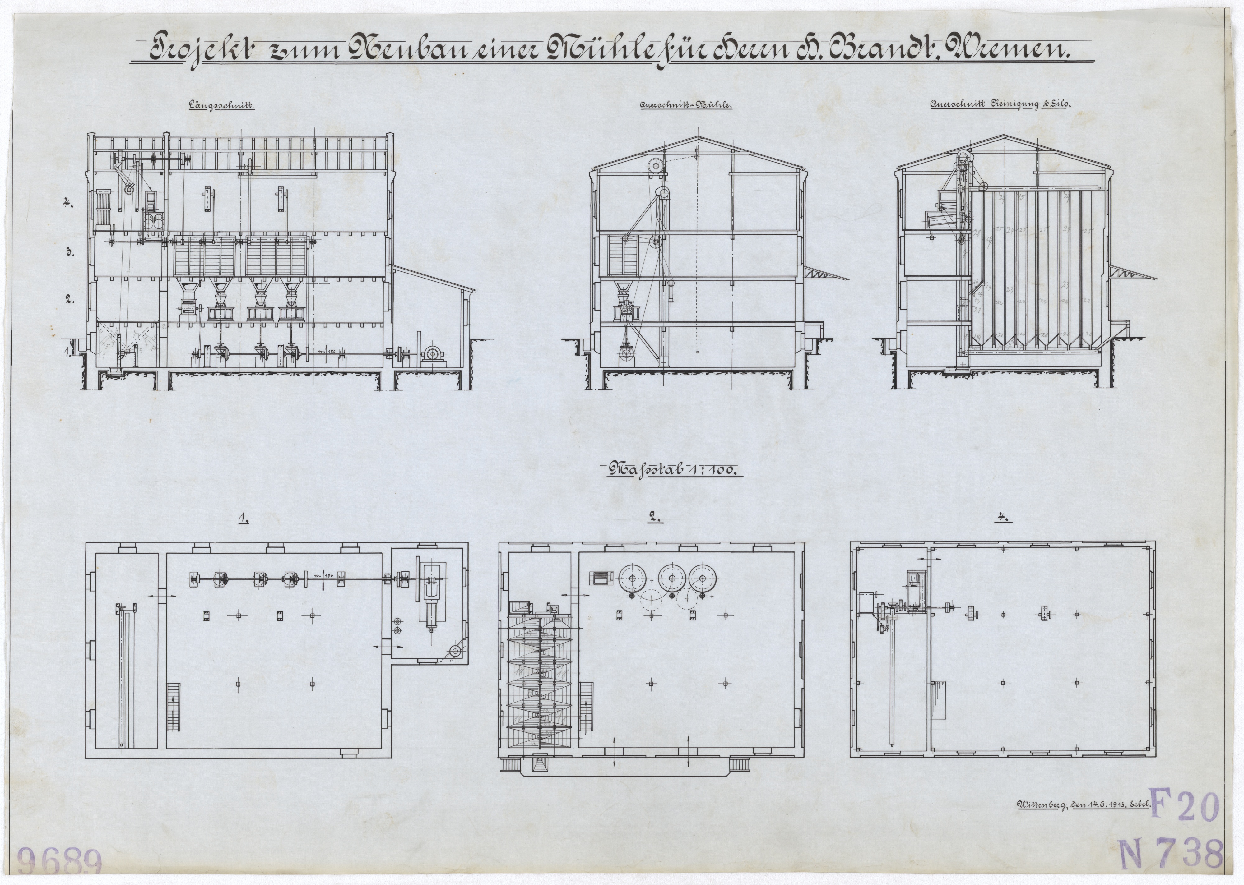 Technische Zeichnung : Projekt zum Neubau einer Mühle für Herrn Heinrich Brandt, Wremen (Stiftung Deutsches Technikmuseum Berlin CC BY-SA)