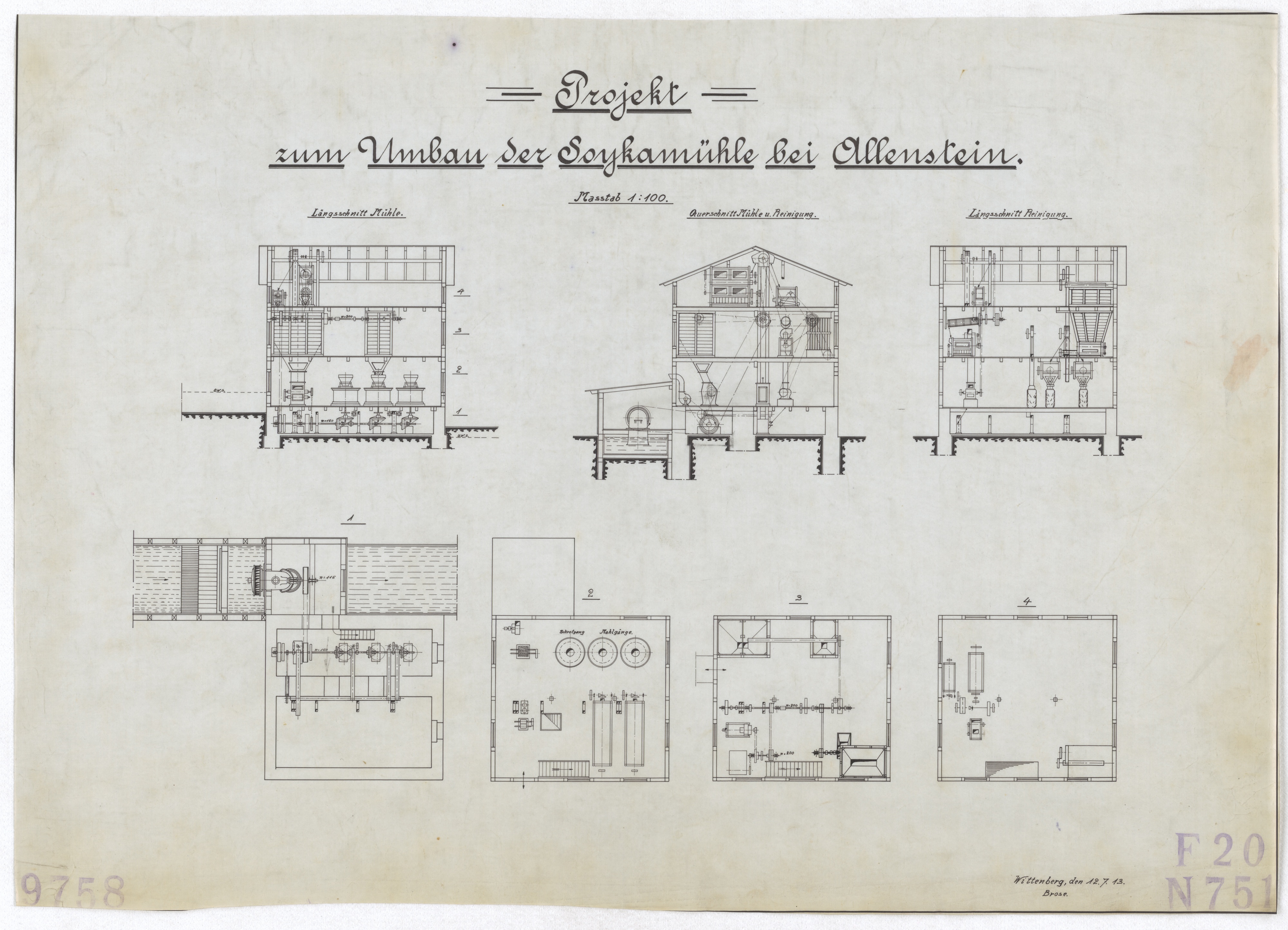 Technische Zeichnung : Projekt zum Umbau der Soykamühle bei Allenstein (Stiftung Deutsches Technikmuseum Berlin CC BY-SA)