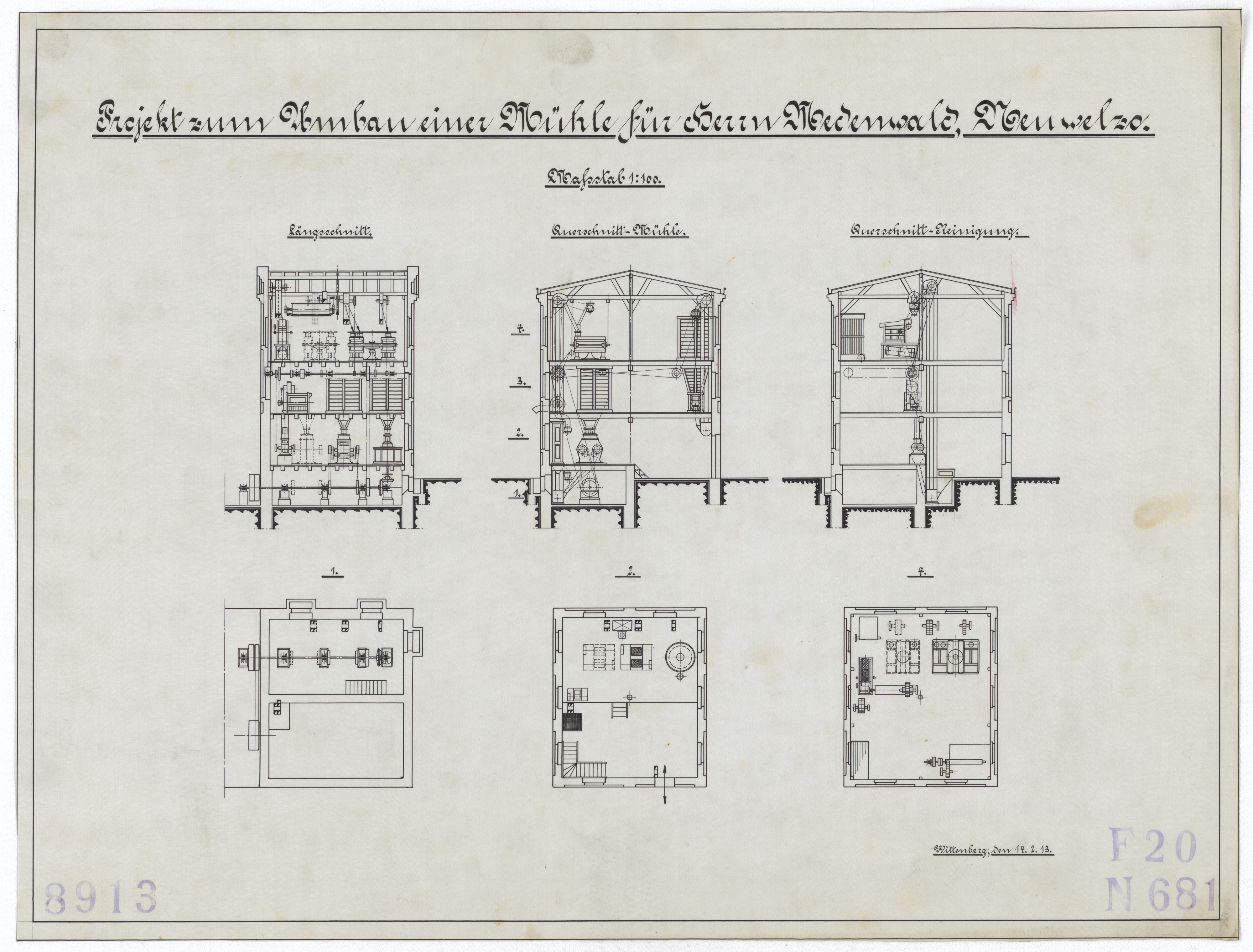 Technische Zeichnung : Projekt zum Umbau einer Mühle für Herrn Medenwald, Neuwelzo (Stiftung Deutsches Technikmuseum Berlin CC BY-SA)