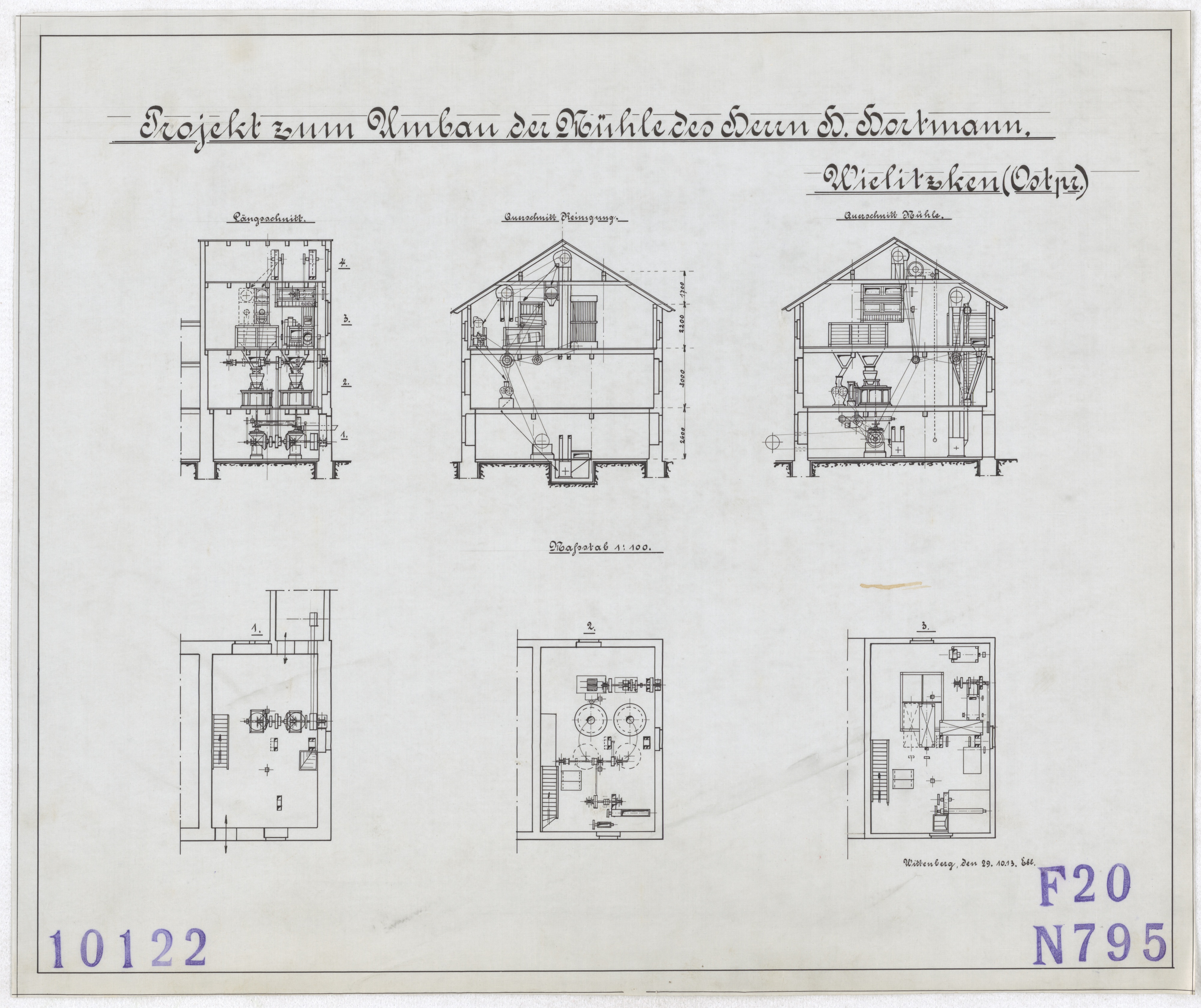 Technische Zeichnung : Projekt zum Umbau der Mühle des Herrn H. Hartmann, Wielitzken (Ostpreußen) (Stiftung Deutsches Technikmuseum Berlin CC BY-SA)