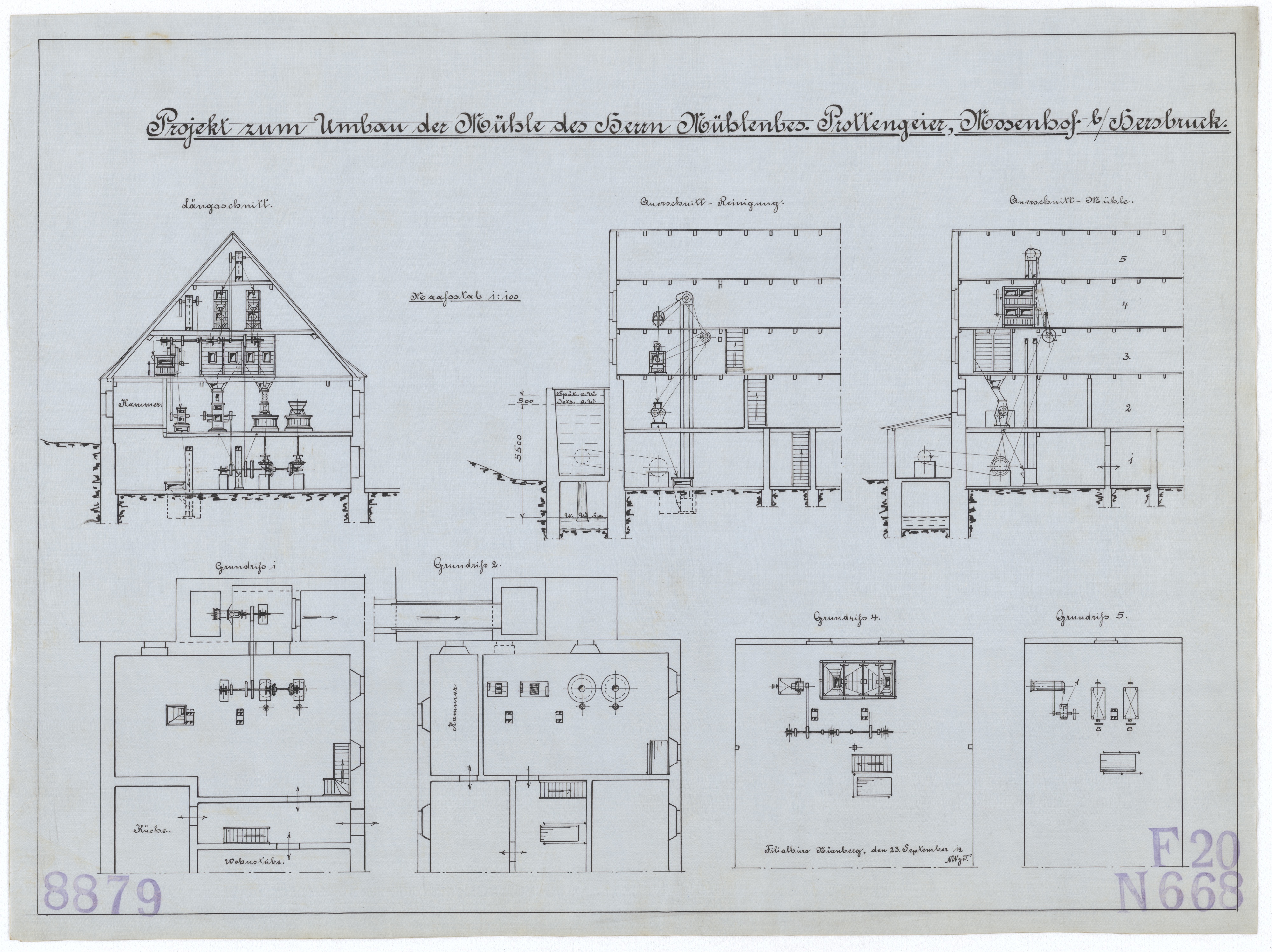 Technische Zeichnung : Projekt zum Umbau der Mühle des Herrn Mühlenbesitzer Prottengeier, Mosenhof bei Hersbruck (Stiftung Deutsches Technikmuseum Berlin CC BY-SA)