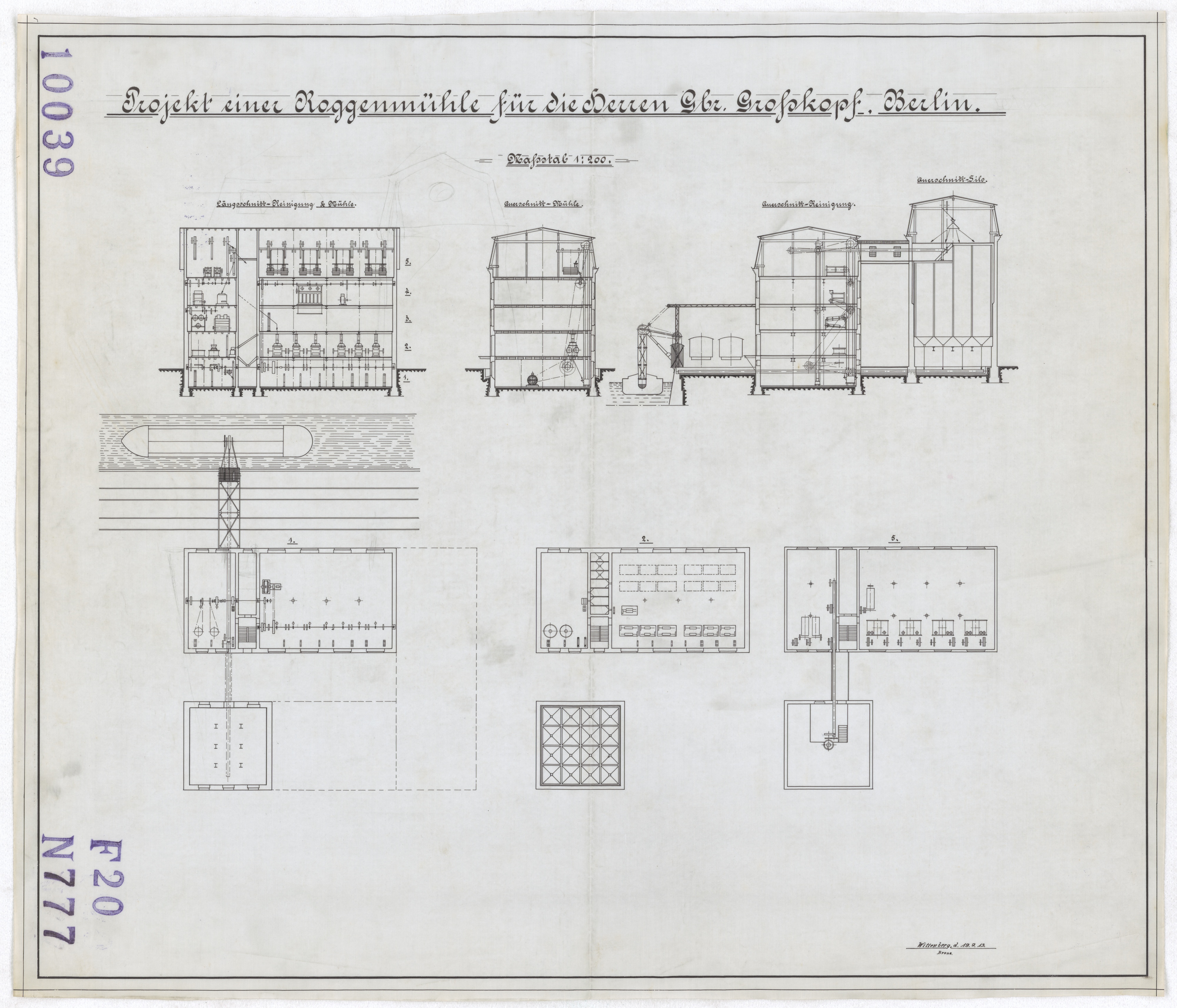 Technische Zeichnung : Projekt einer Roggenmühle für die Herren Gebrüder Großkopf, Berlin (Stiftung Deutsches Technikmuseum Berlin CC BY-SA)