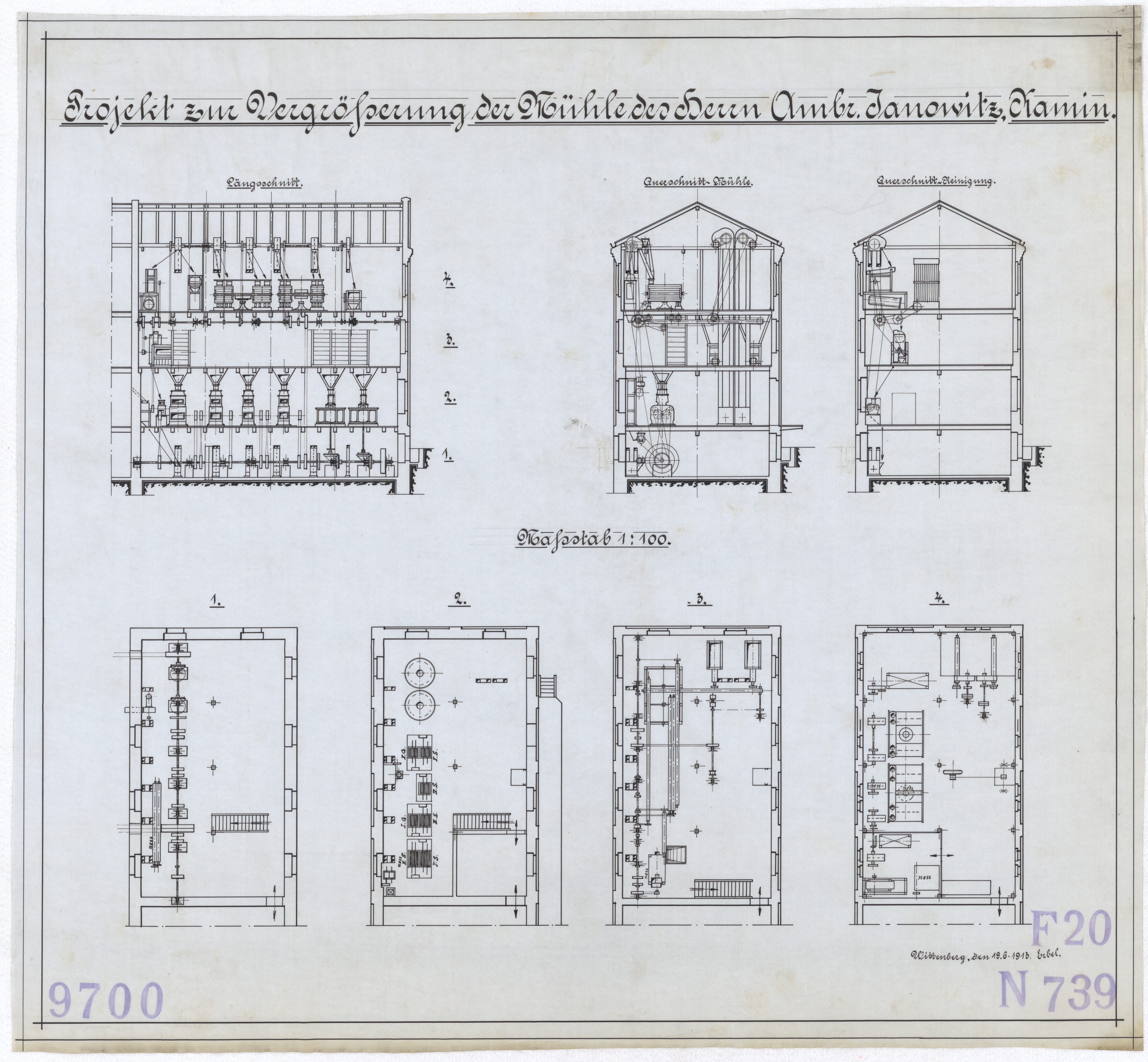 Technische Zeichnung : Projekt zur Vergrößerung der Mühle des Herrn Ambr. Janowitz, Kamin (Stiftung Deutsches Technikmuseum Berlin CC BY-SA)