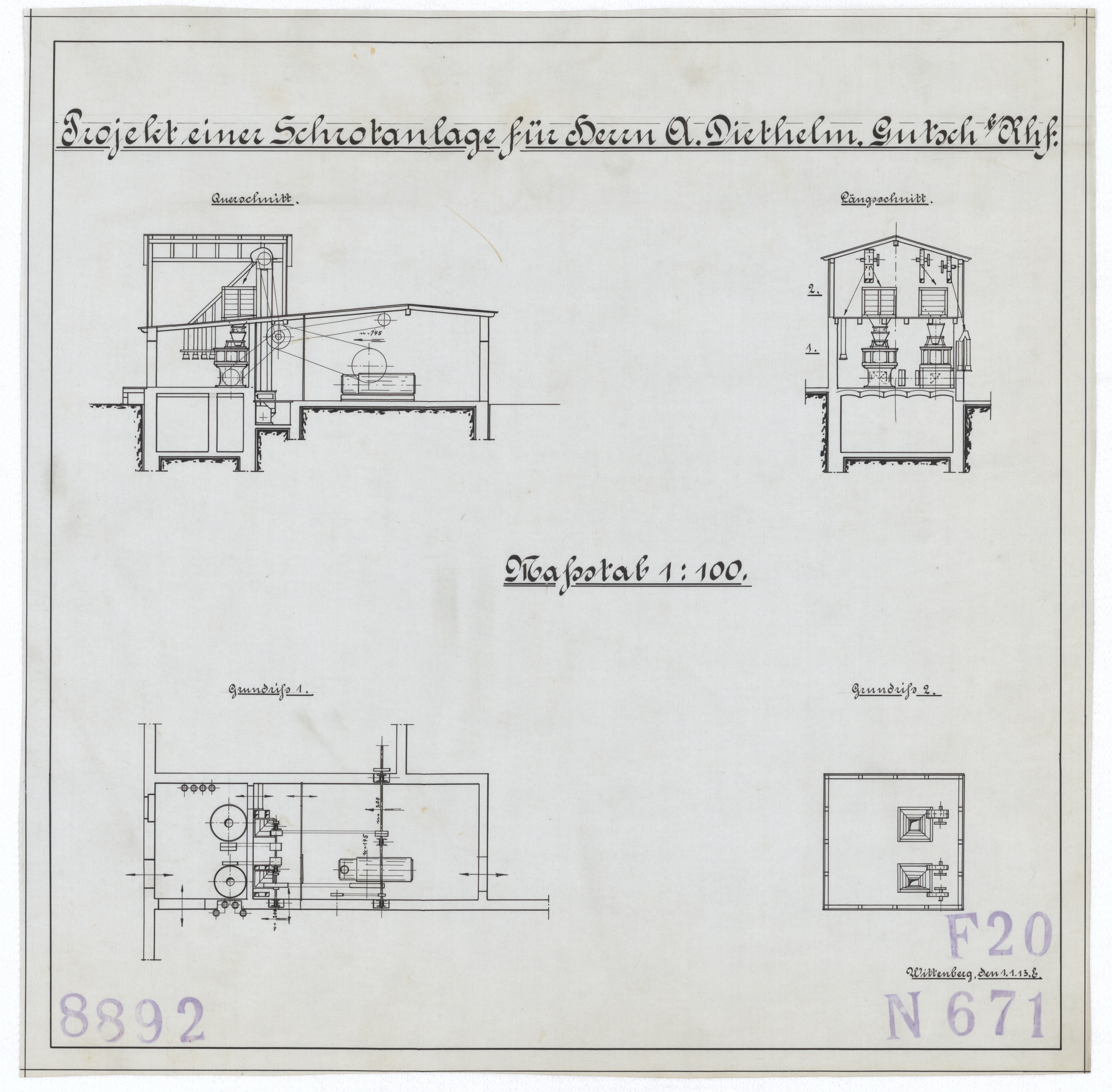 Technische Zeichnung : Projekt einer Schrotanlage für Herrn Adolf Diethelm, Gutsch bei Rehhof (Stiftung Deutsches Technikmuseum Berlin CC BY-SA)