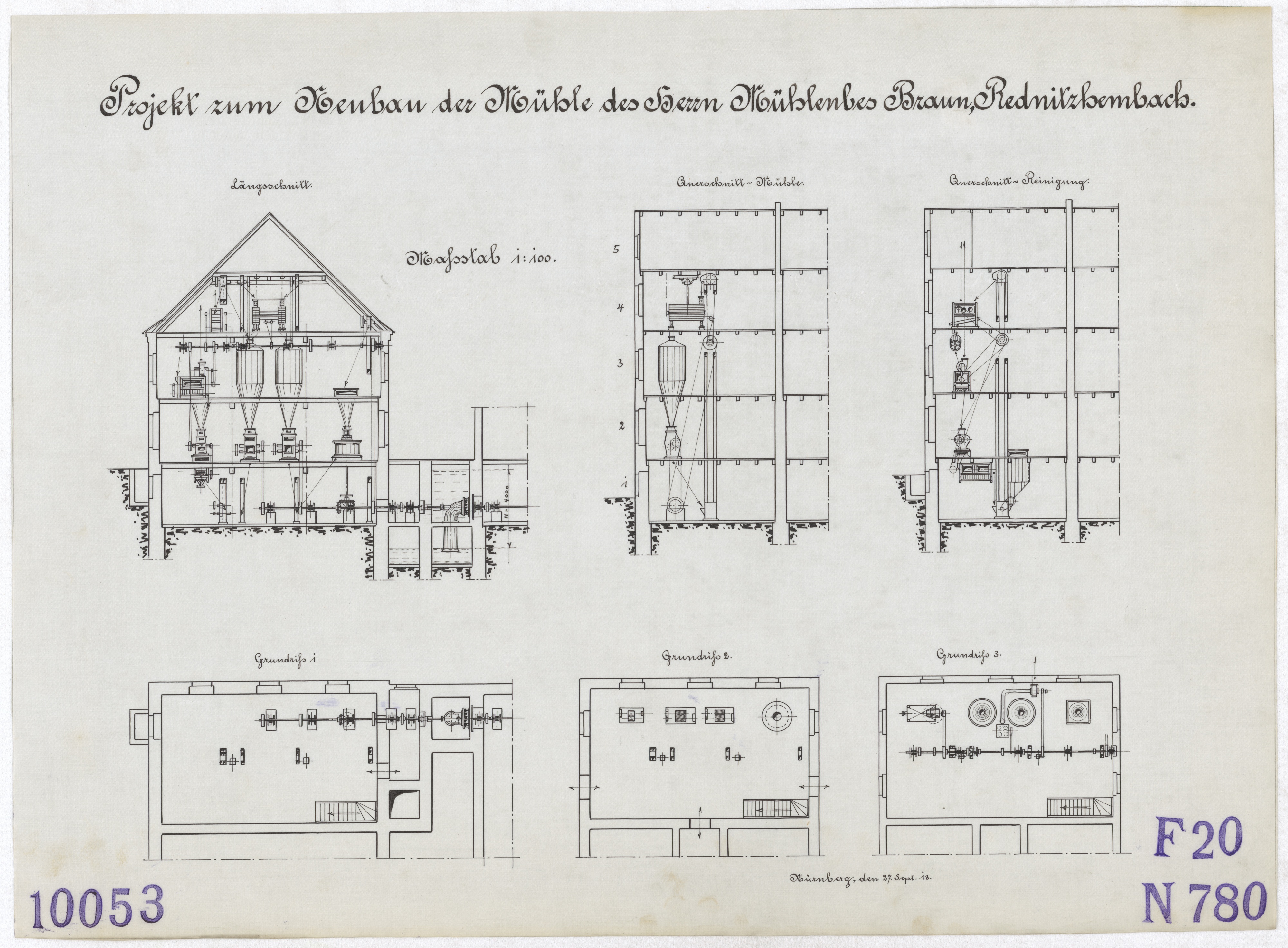 Technische Zeichnung : Projekt zum Neubau der Mühle des Herrn Mühlenbesitzer Braun, Rednitzhembach (Stiftung Deutsches Technikmuseum Berlin CC BY-SA)