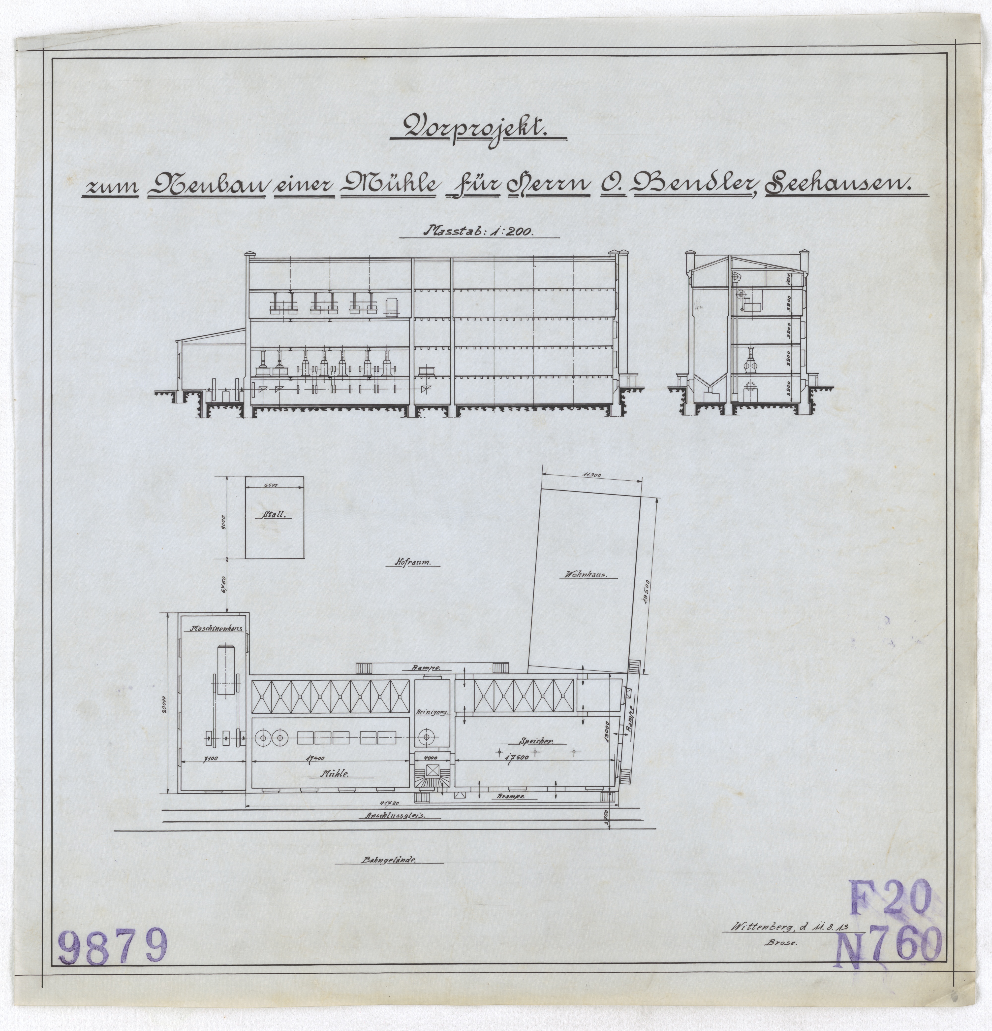 Technische Zeichnung : Vorprojekt zum Neubau einer Mühle für Herrn O. Bendler, Seehausen (Stiftung Deutsches Technikmuseum Berlin CC BY-SA)