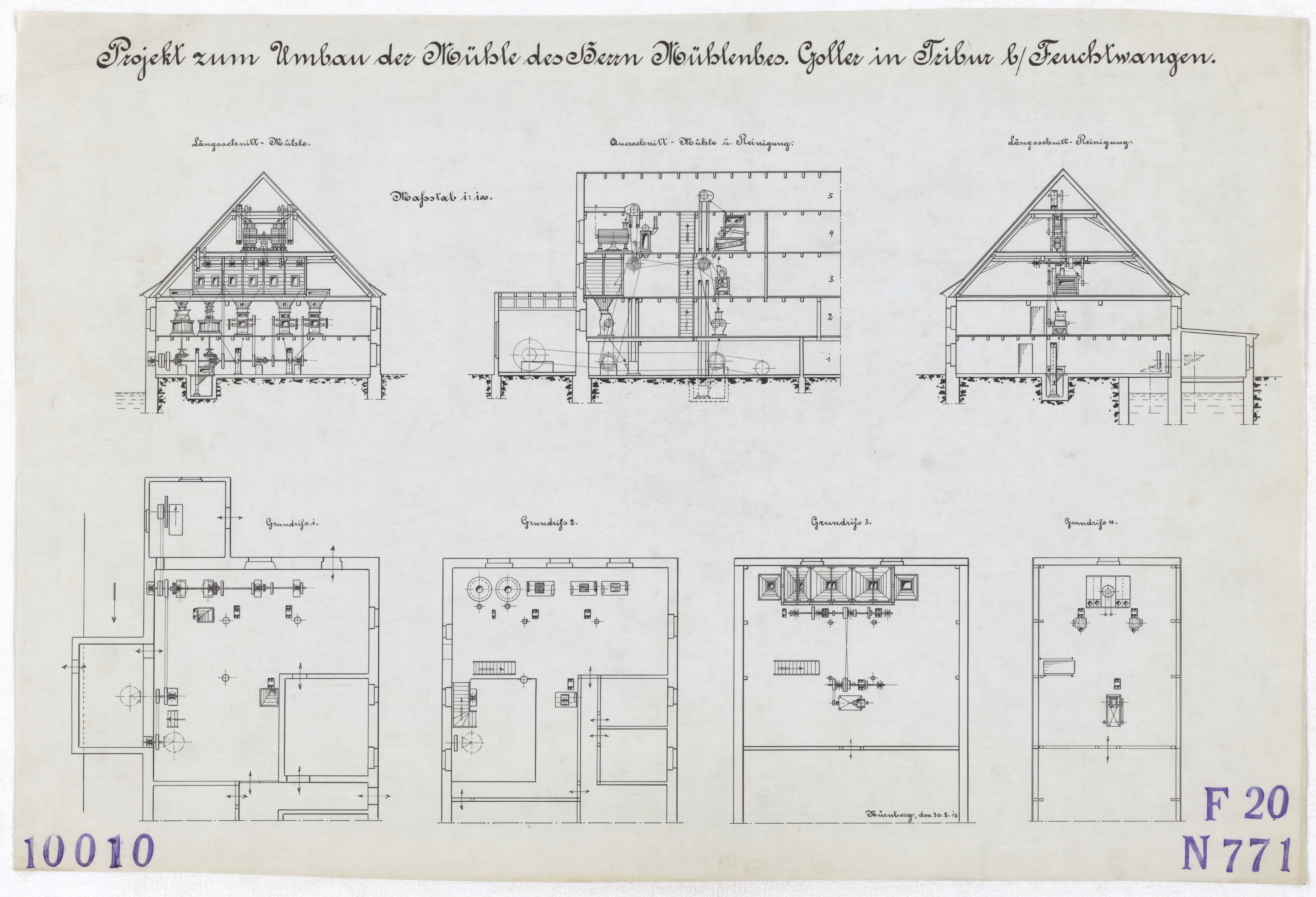 Technische Zeichnung : Projekt zum Umbau der Mühle des Herrn Mühlenbesitzer Goller in Tribur bei Feuchtwangen (Stiftung Deutsches Technikmuseum Berlin CC BY-SA)