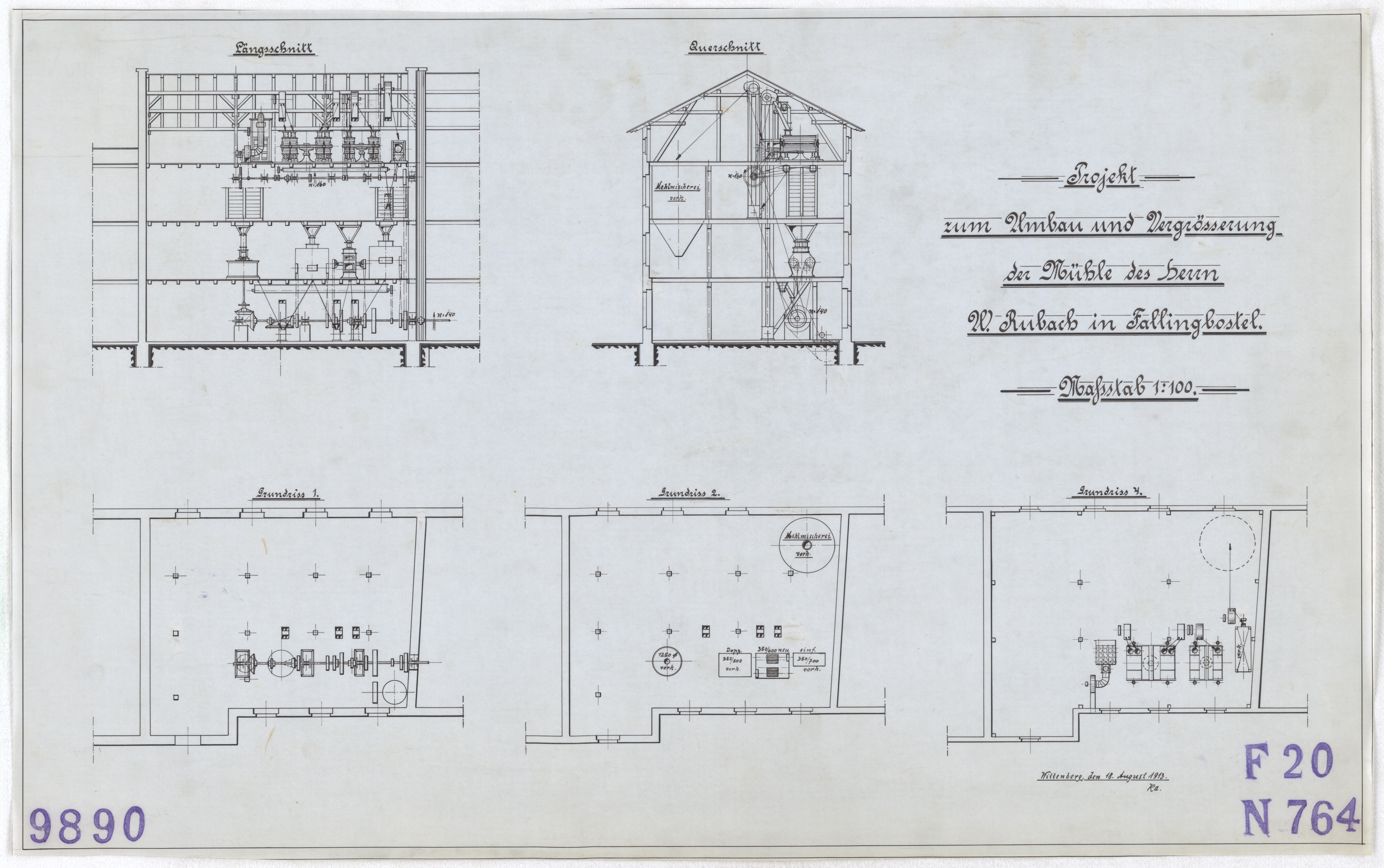 Technische Zeichnung : Projekt zum Umbau und Vergrößerung der Mühle des Herrn W. Rubach in Fallingbostel (Stiftung Deutsches Technikmuseum Berlin CC BY-SA)