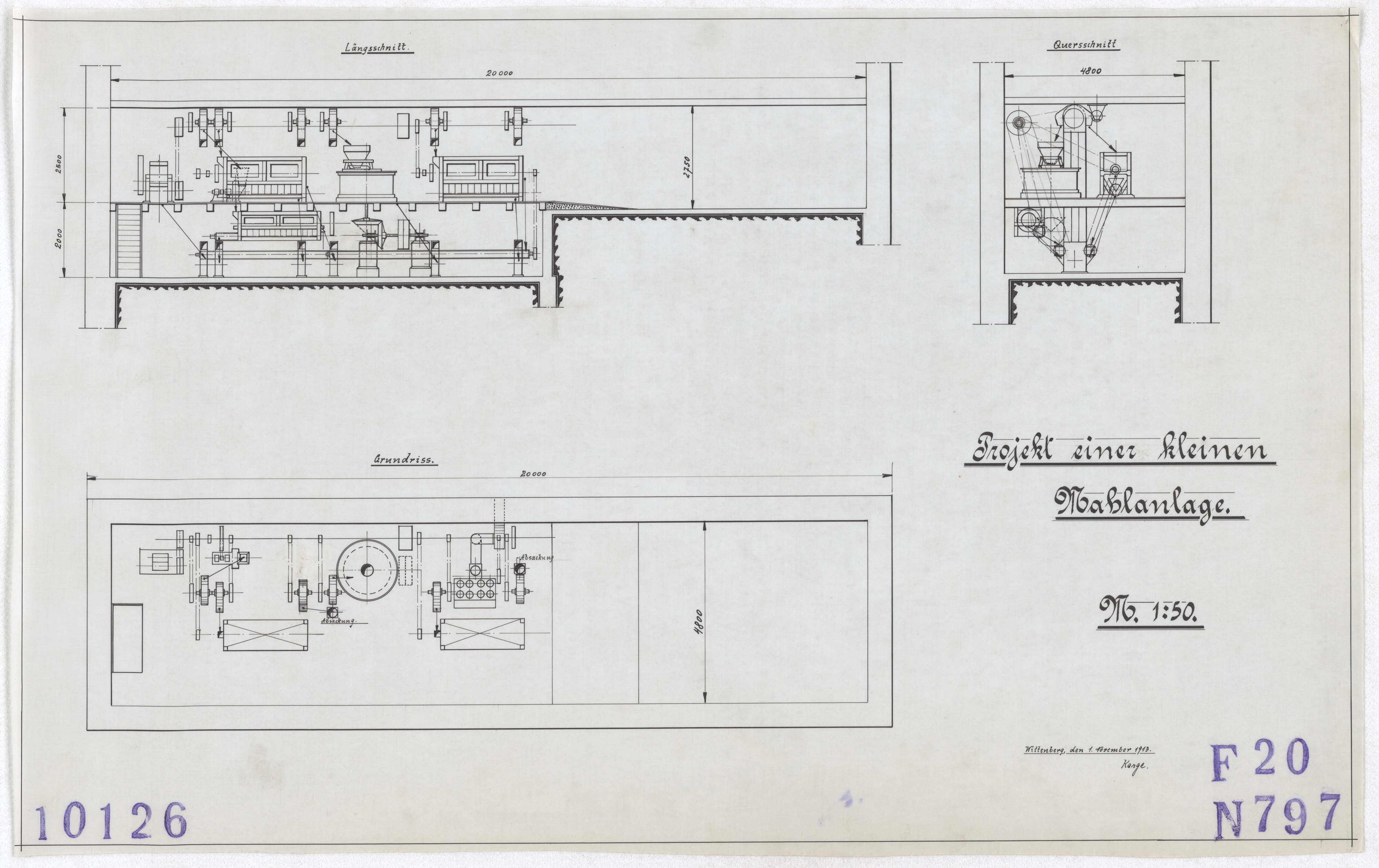 Technische Zeichnung : Projekt einer kleinen Mahlanlage (Stiftung Deutsches Technikmuseum Berlin CC BY-SA)