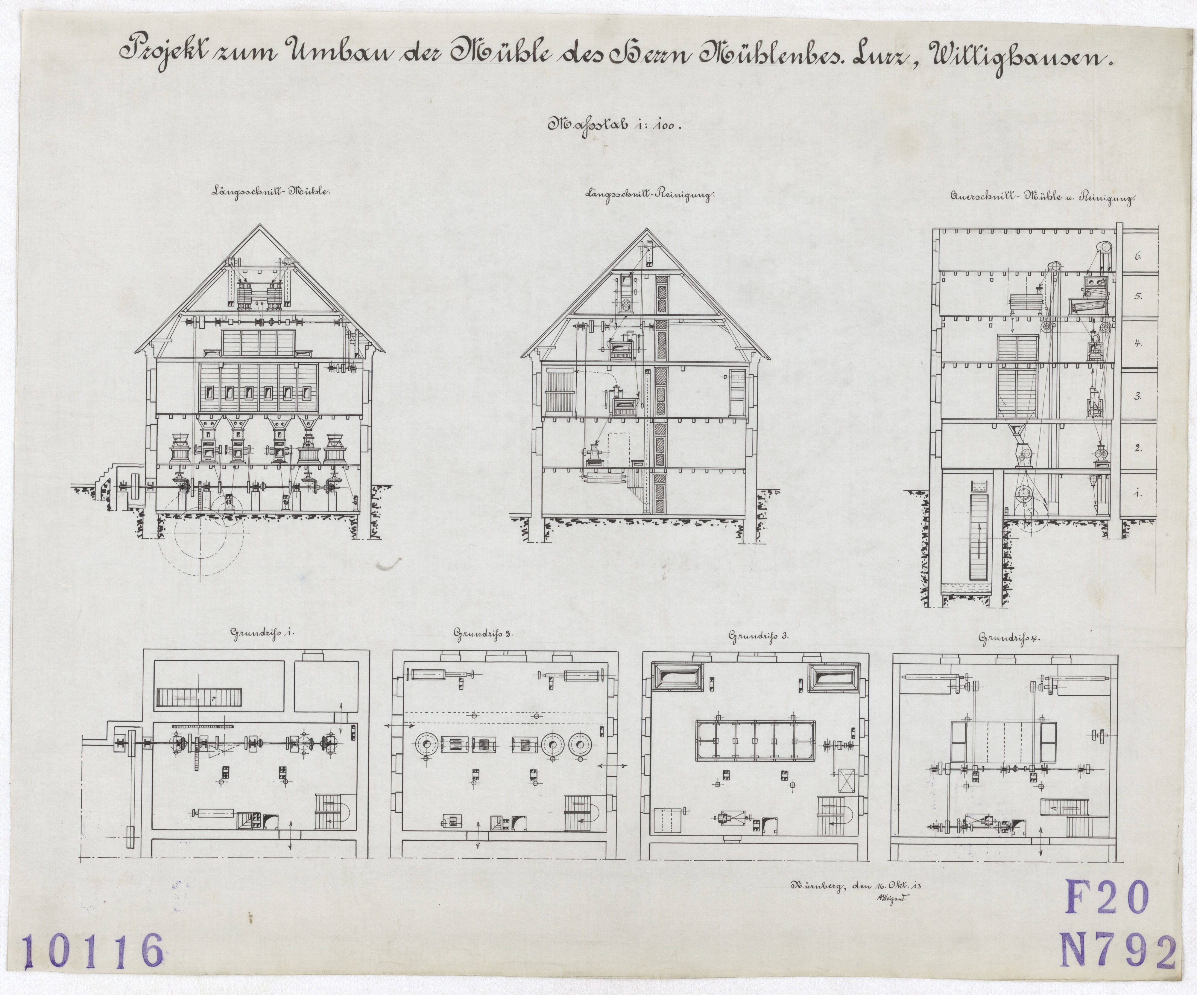 Technische Zeichnung : Projekt zum Umbau der Mühle des Herrn Mühlenbesitzer Lurz, Wittighausen (Stiftung Deutsches Technikmuseum Berlin CC BY-SA)