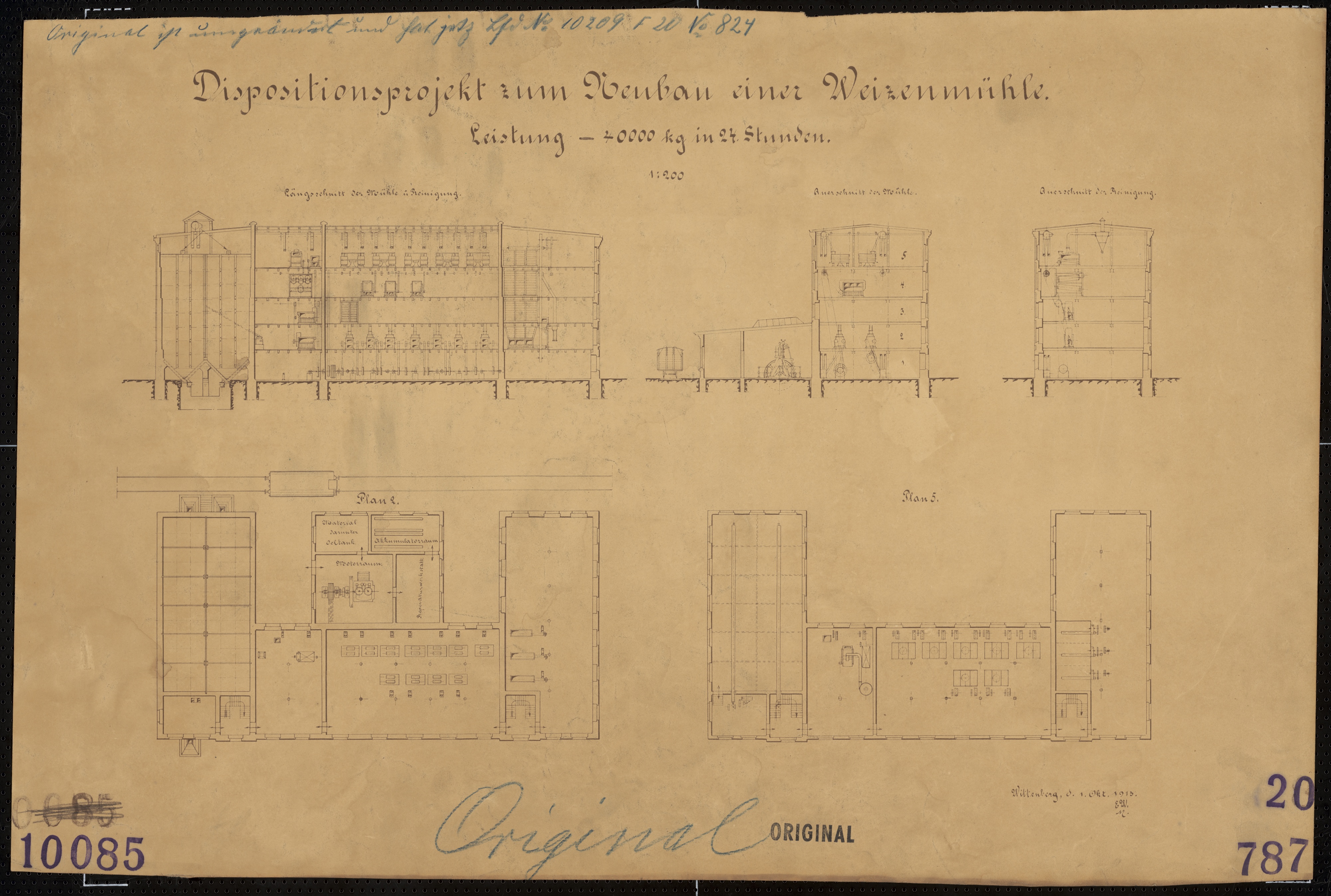 Technische Zeichnung : Dispositionsprojekt zum Neubau einer Weizenmühle. Leistung 40000 kg in 24 Stunden (Stiftung Deutsches Technikmuseum Berlin CC BY-SA)