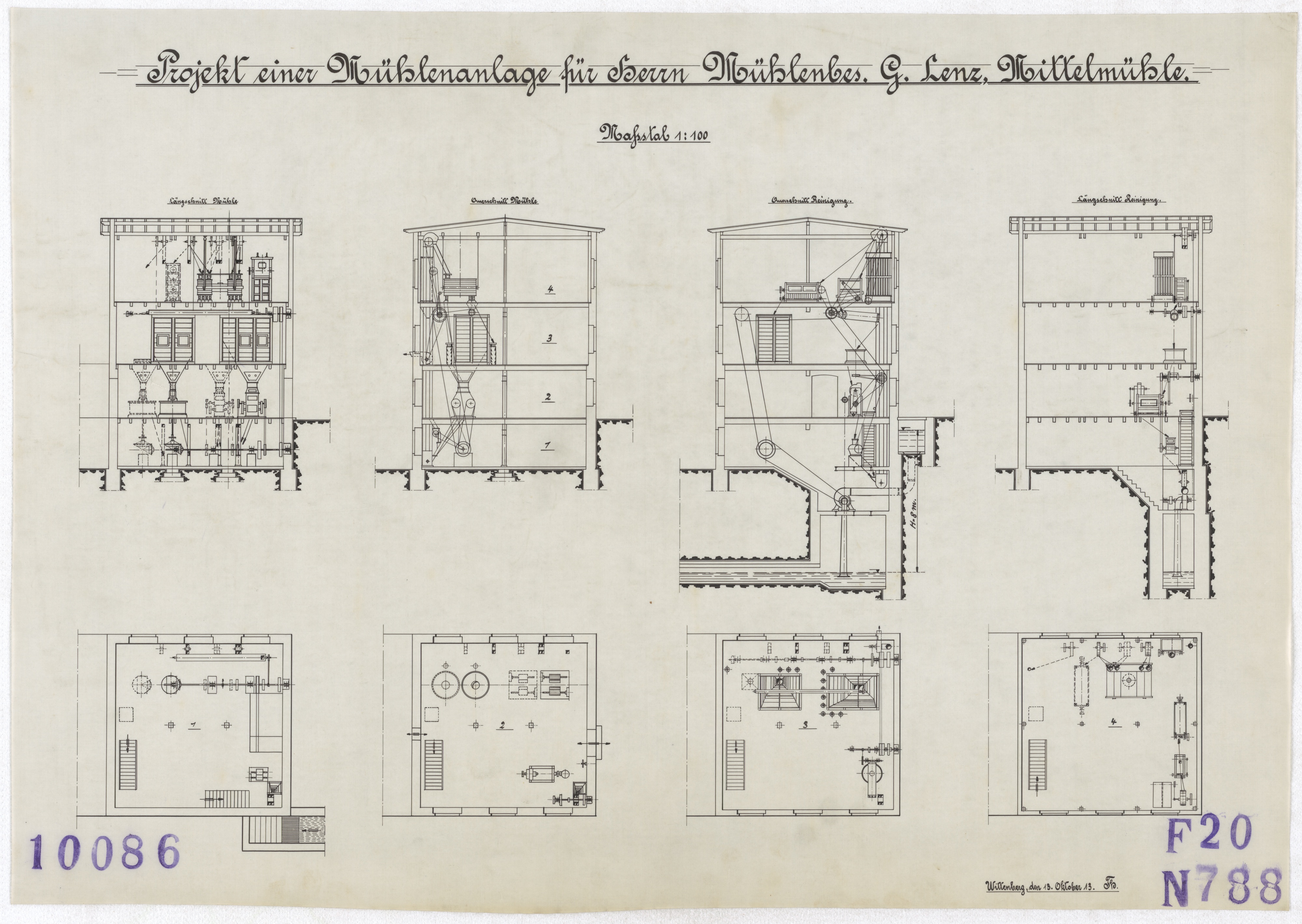 Technische Zeichnung : Projekt einer Mühlenanlage für Herrn Mühlenbesitzer G. Lenz, Mittelmühle (Stiftung Deutsches Technikmuseum Berlin CC BY-SA)