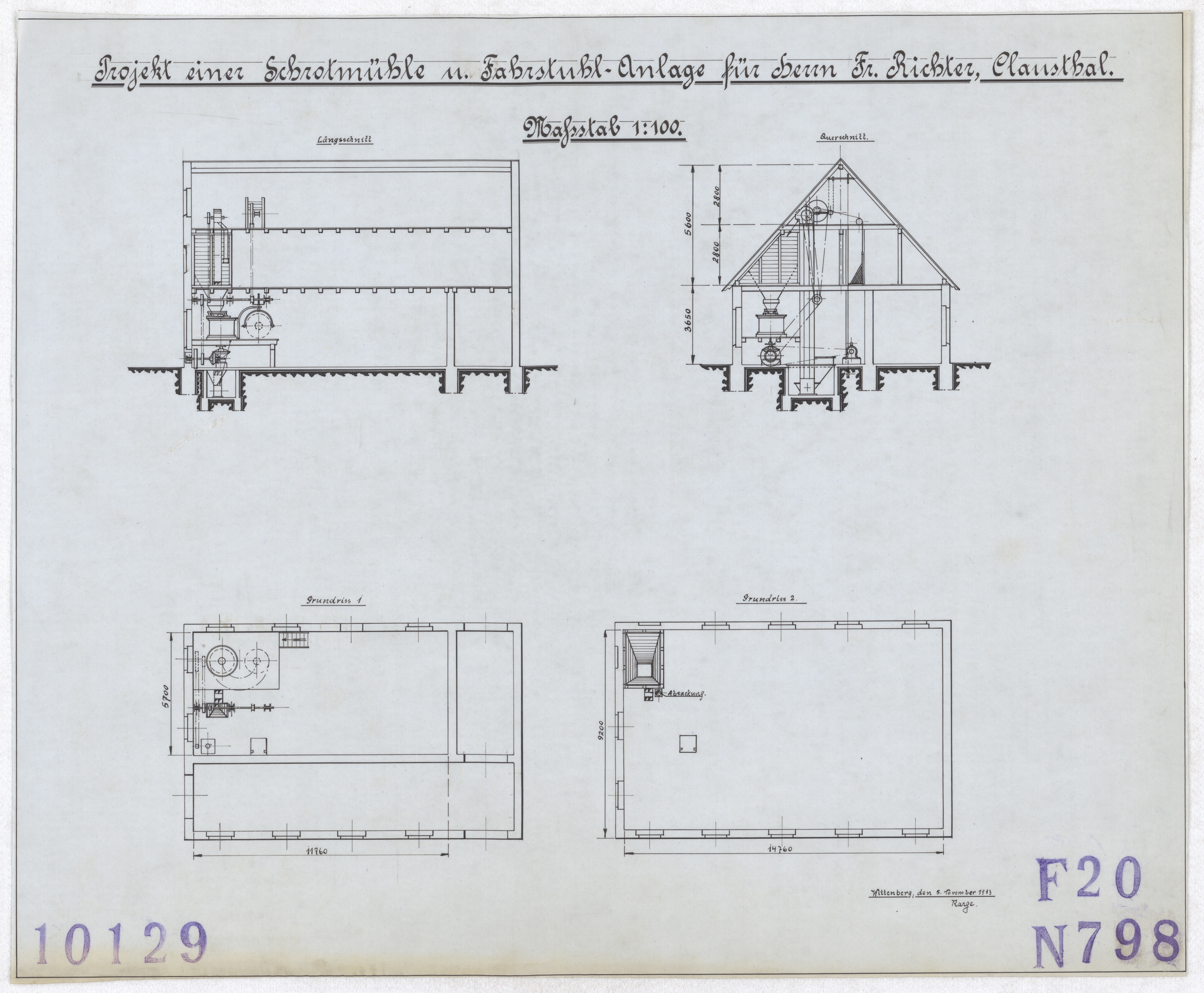 Technische Zeichnung : Projekt einer Schrotmühle  und Fahrstuhl-Anlage für Herrn Fr. Richter, Clausthal (Stiftung Deutsches Technikmuseum Berlin CC BY-SA)