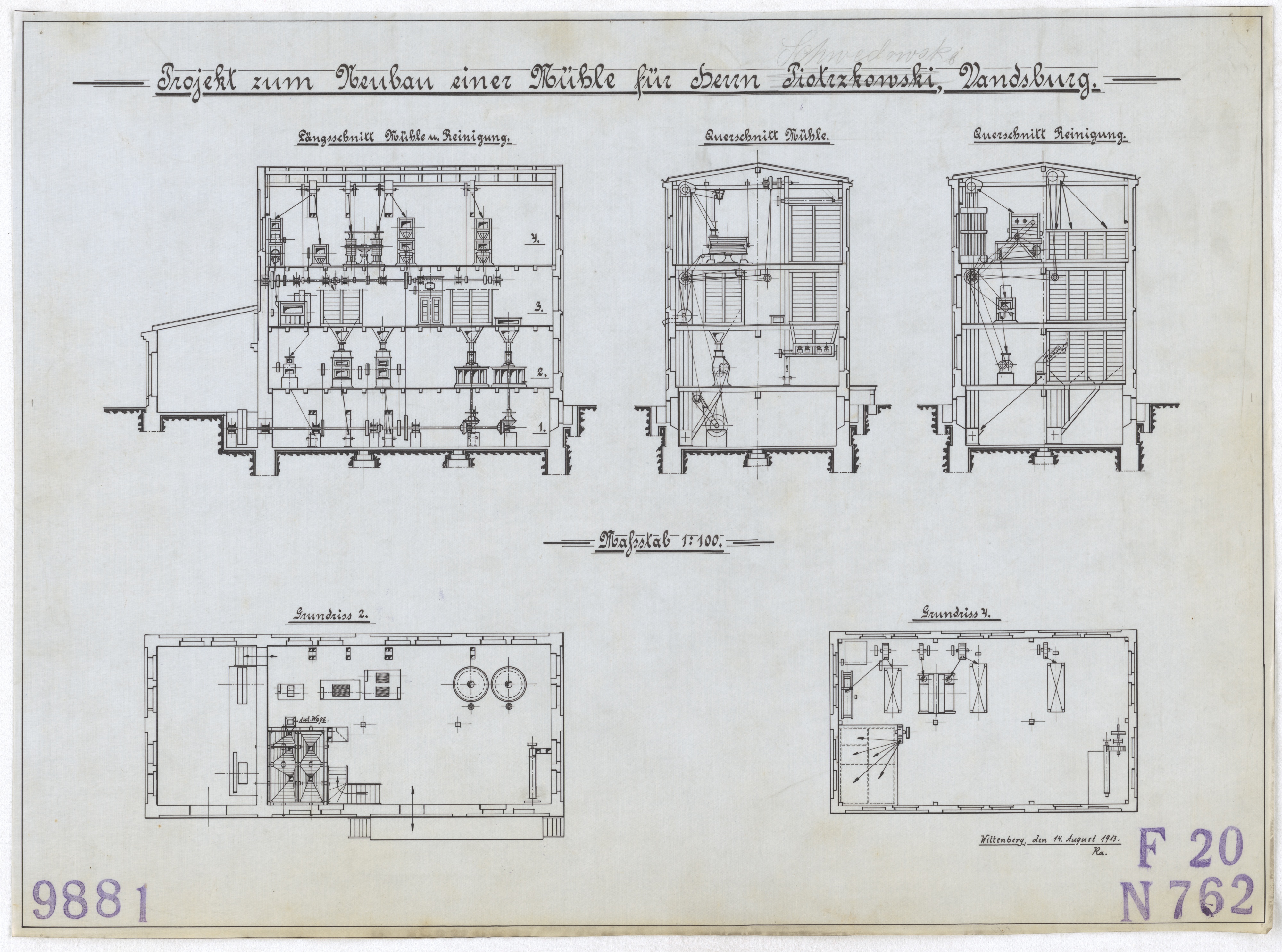 Technische Zeichnung : Projekt zum Neubau einer Mühle für Herrn Schwedowski [durchgestrichen: Piotrzkowski], Vandsburg (Stiftung Deutsches Technikmuseum Berlin CC BY-SA)