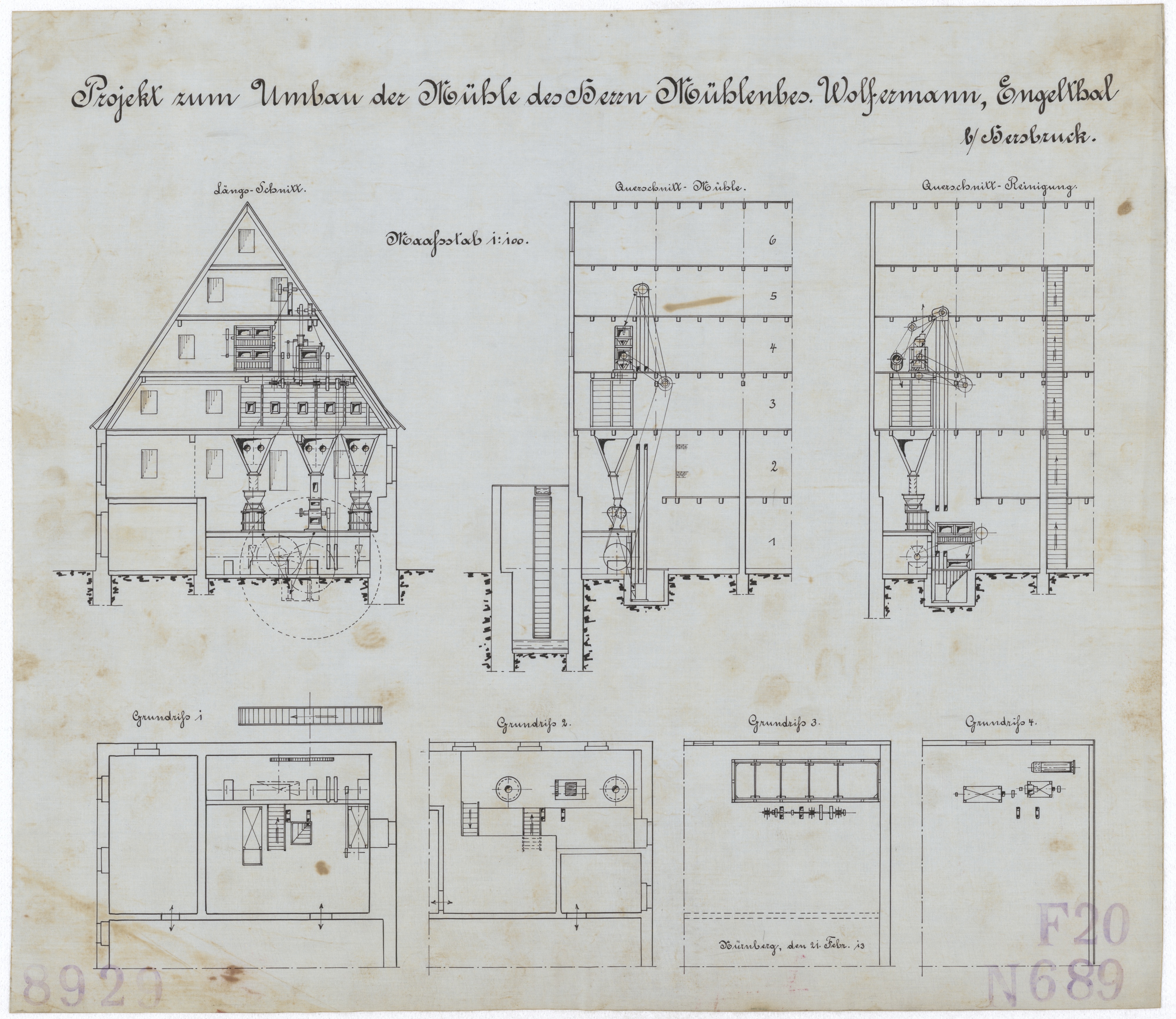 Technische Zeichnung : Projekt zum Umbau einer Mühle des Herrn Mühlenbesitzer Wolfermann, Engelthal bei Hersbruck (Stiftung Deutsches Technikmuseum Berlin CC BY-SA)