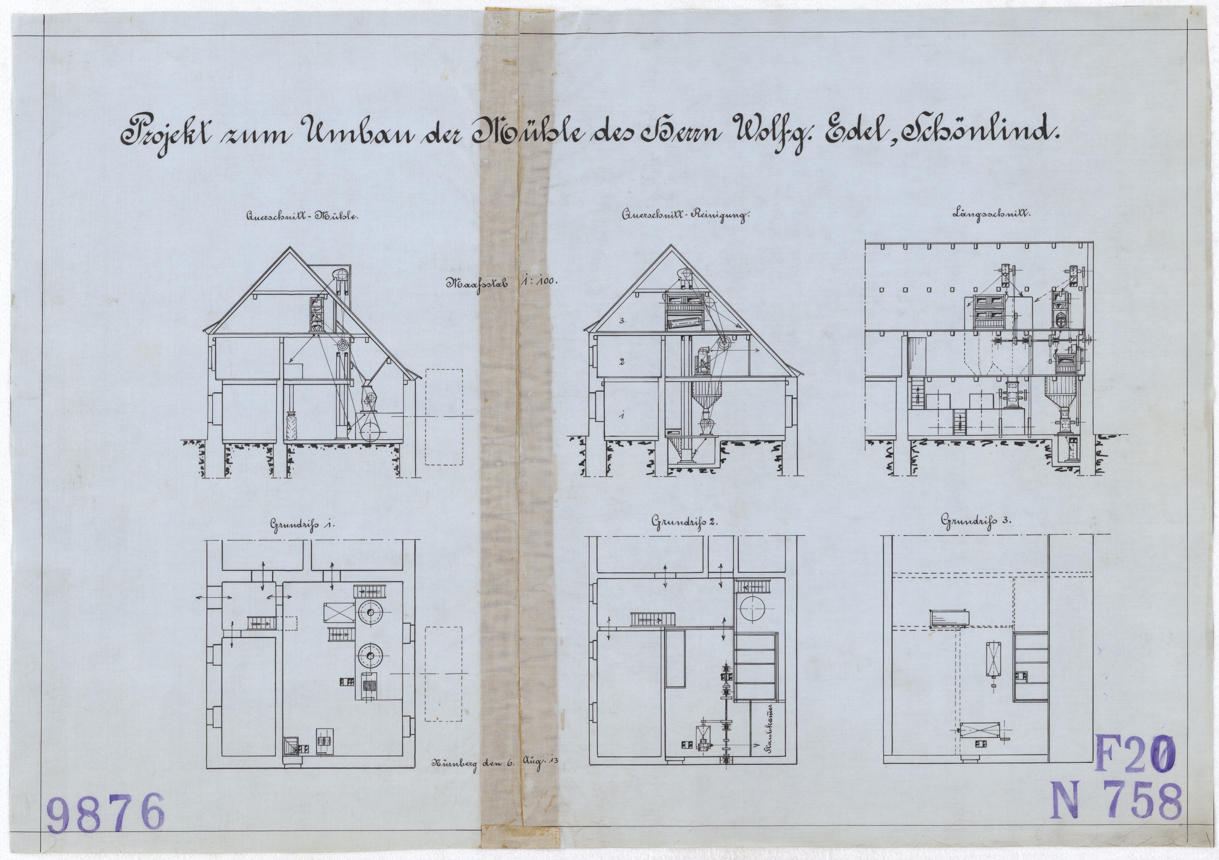 Technische Zeichnung : Projekt zum Umbau der Mühle des Herrn Wolfg. Edel, Schönlind (Stiftung Deutsches Technikmuseum Berlin CC BY-SA)