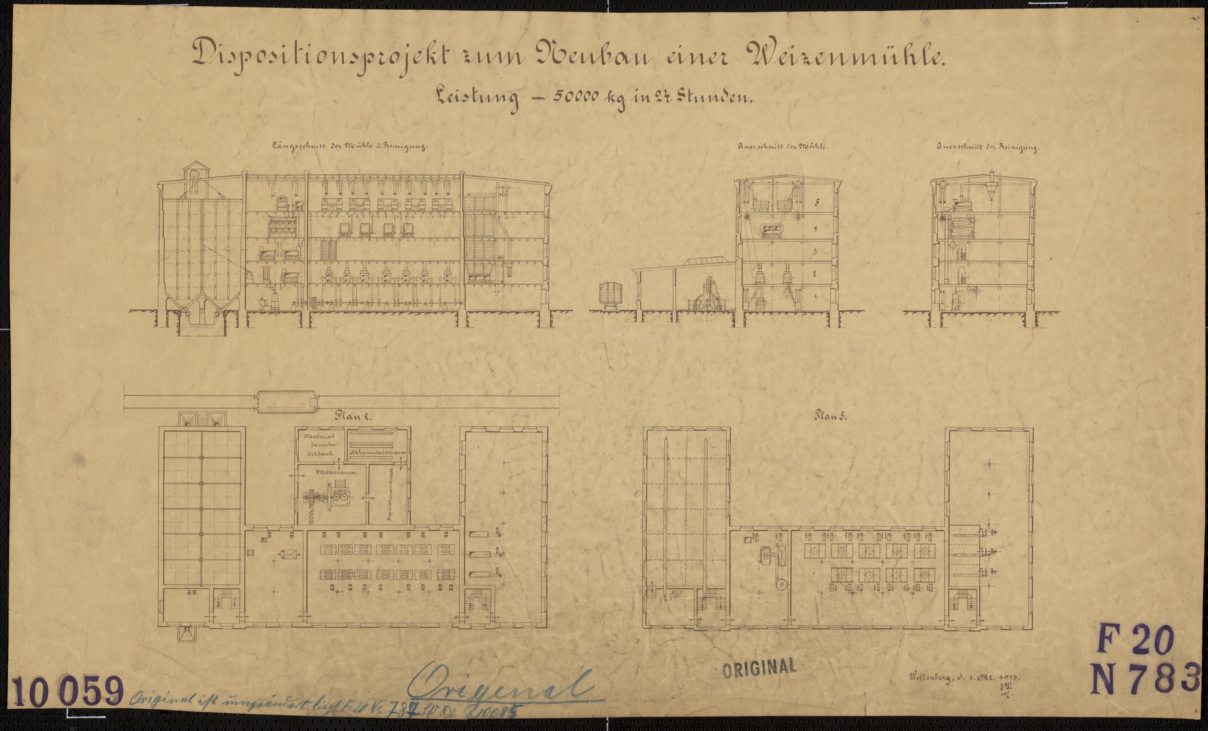 Technische Zeichnung : Dispositionsprojekt zum Neubau einer Weizenmühle, Leistung 50000 kg in 24 Stunden (Stiftung Deutsches Technikmuseum Berlin CC BY-SA)