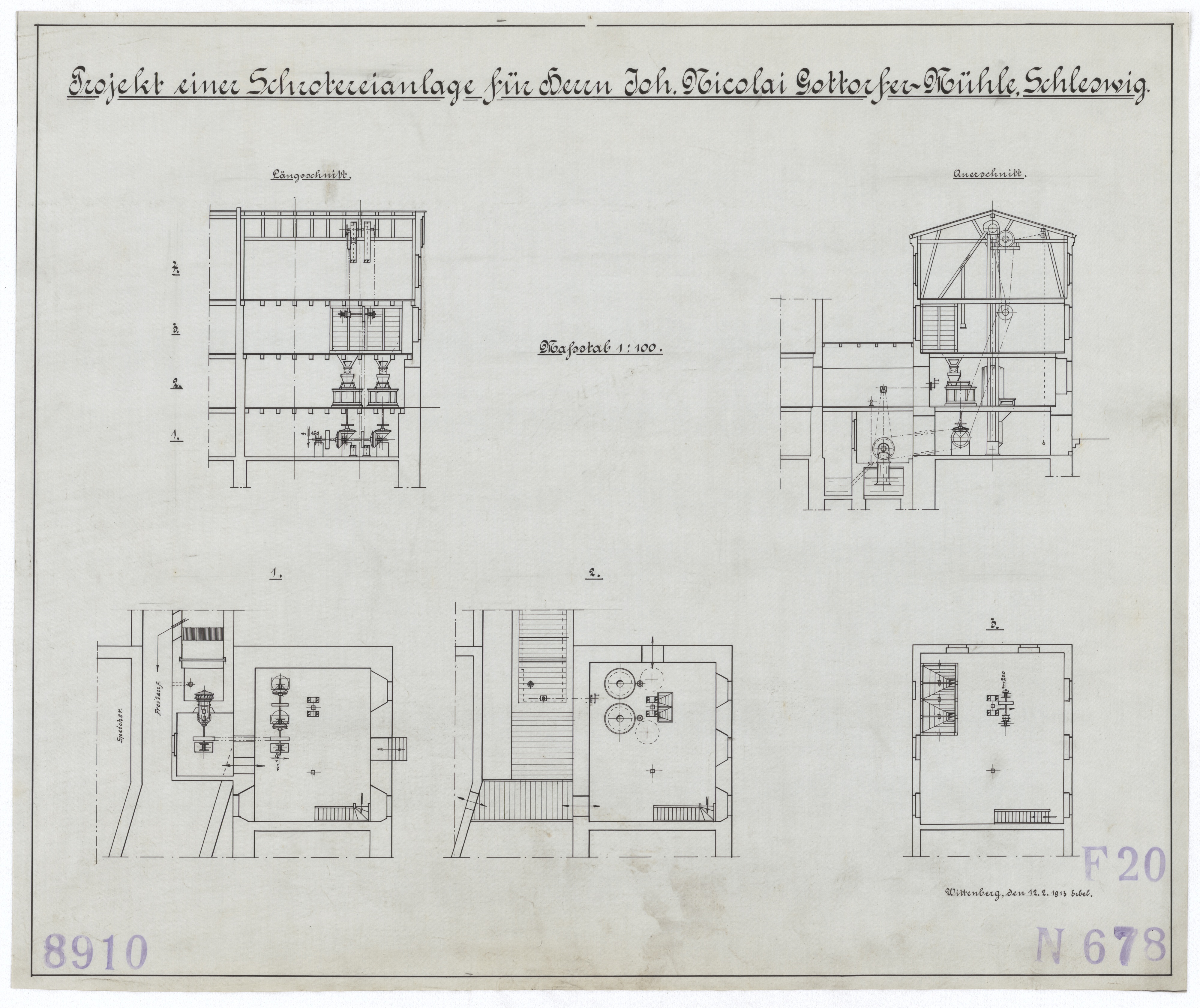 Technische Zeichnung : Projekt einer Schrotereianlage für Herrn Joh. Nicolai[,] Gottorfer Mühle, Schleswig (Stiftung Deutsches Technikmuseum Berlin CC BY-SA)