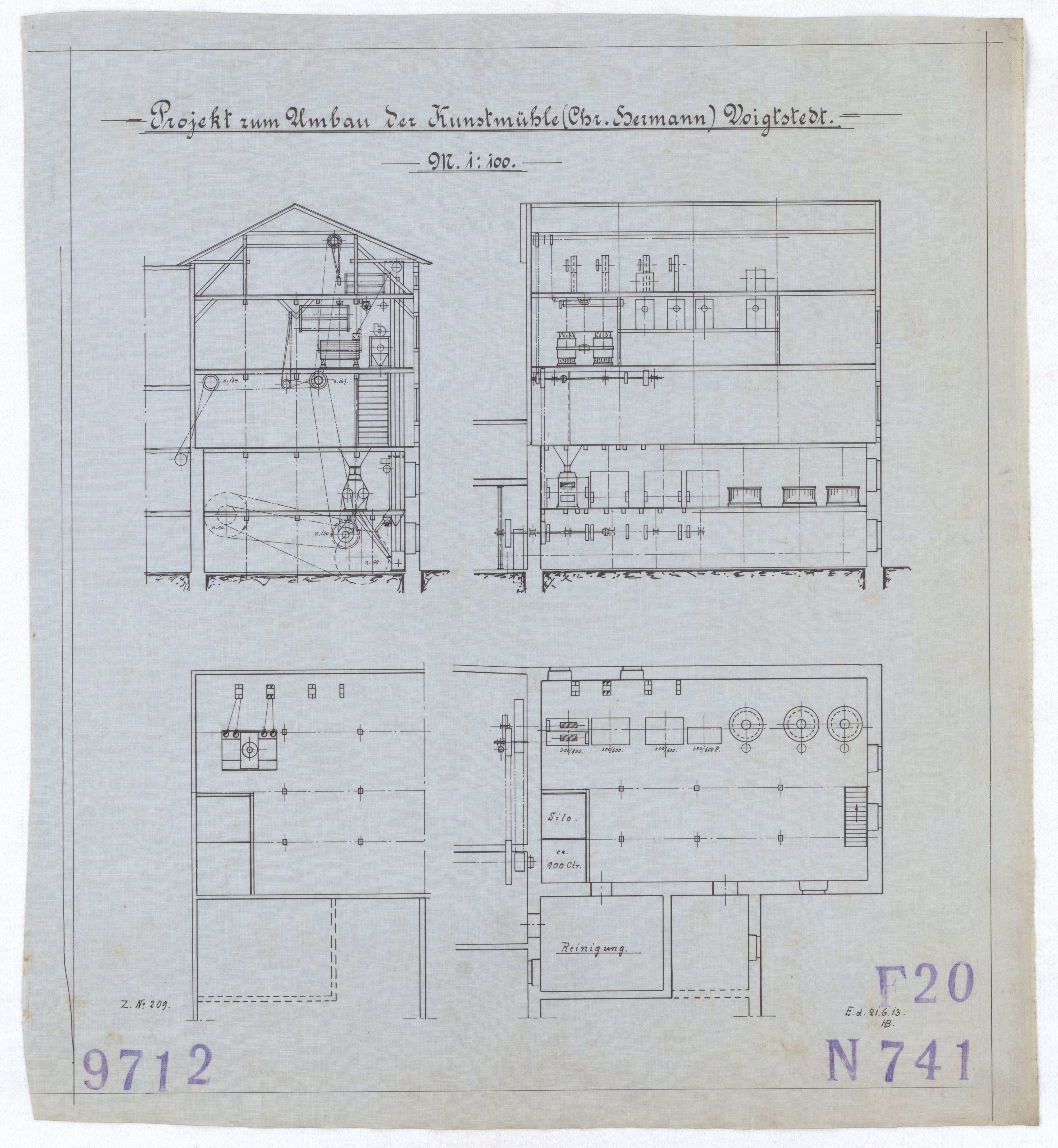Technische Zeichnung : Projekt zum Umbau der Kunstmühle (Chr. Hermann) Voigtstedt (Stiftung Deutsches Technikmuseum Berlin CC BY-SA)