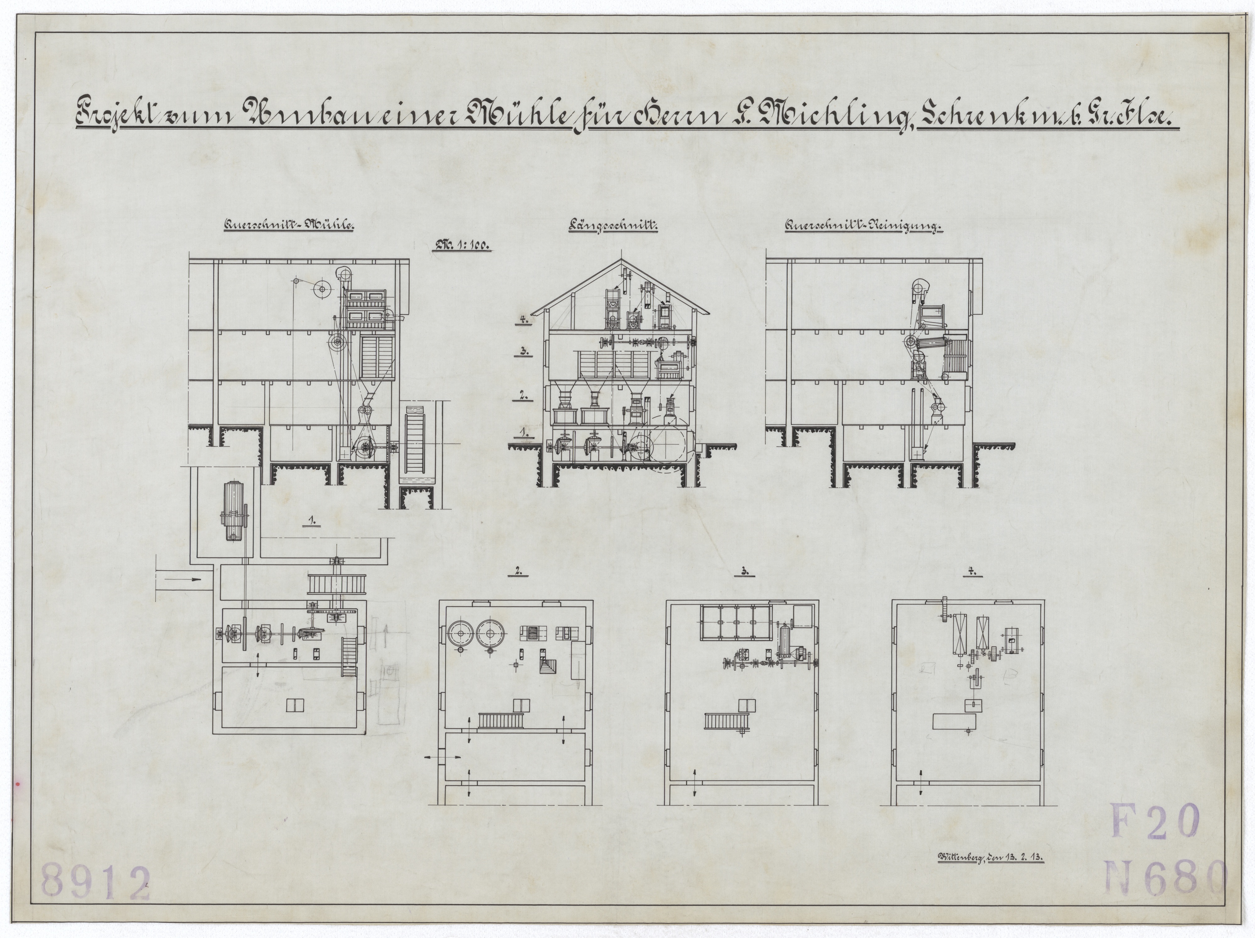 Technische Zeichnung : Projekt zum Umbau einer Mühle für Herrn G. Michling, Schrenkmühle bei Grube Ilse (Stiftung Deutsches Technikmuseum Berlin CC BY-SA)