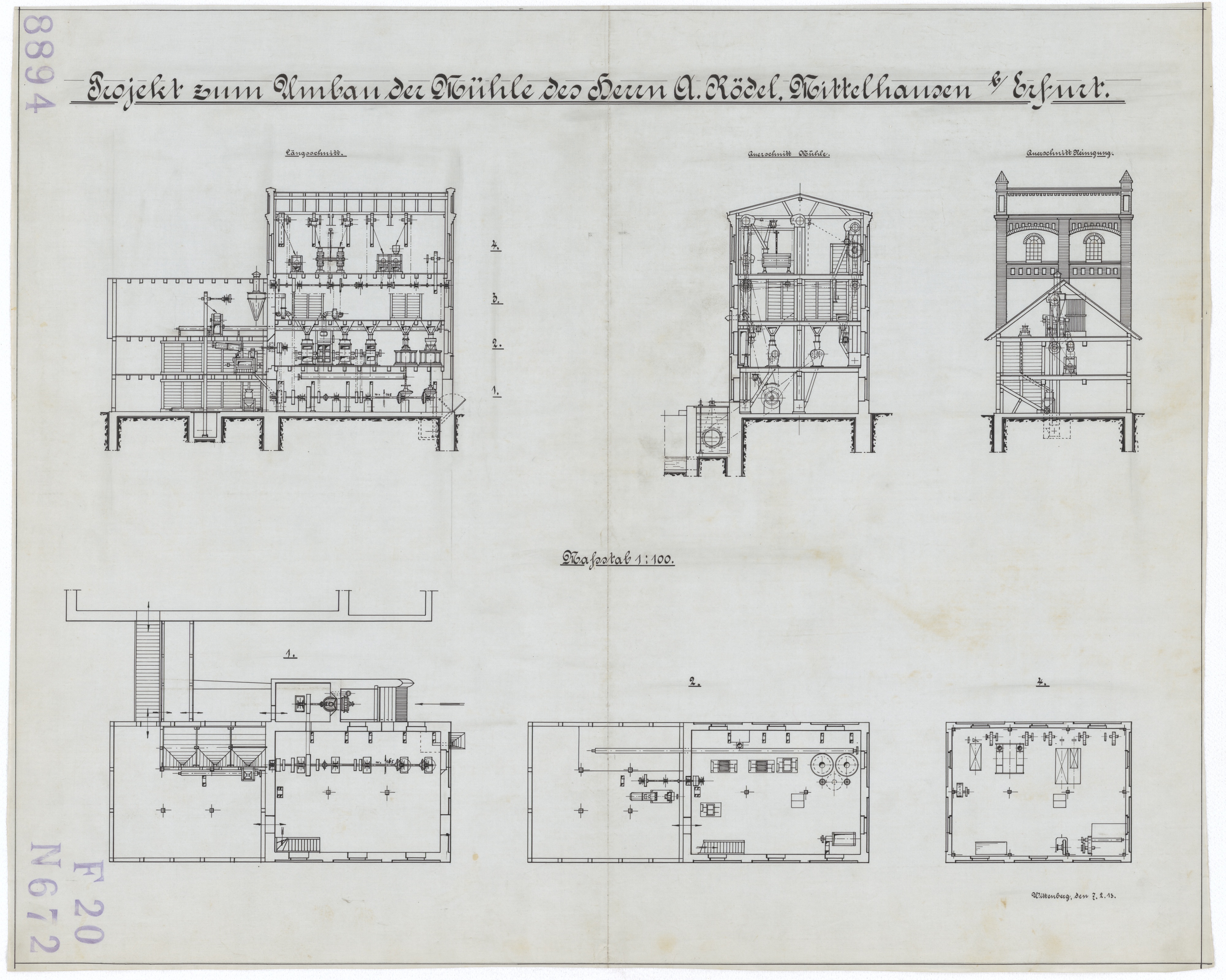 Technische Zeichnung : Projekt zum Umbau der Mühle des Herrn A. Rödel, Mittelhausen bei Erfurt (Stiftung Deutsches Technikmuseum Berlin CC BY-SA)