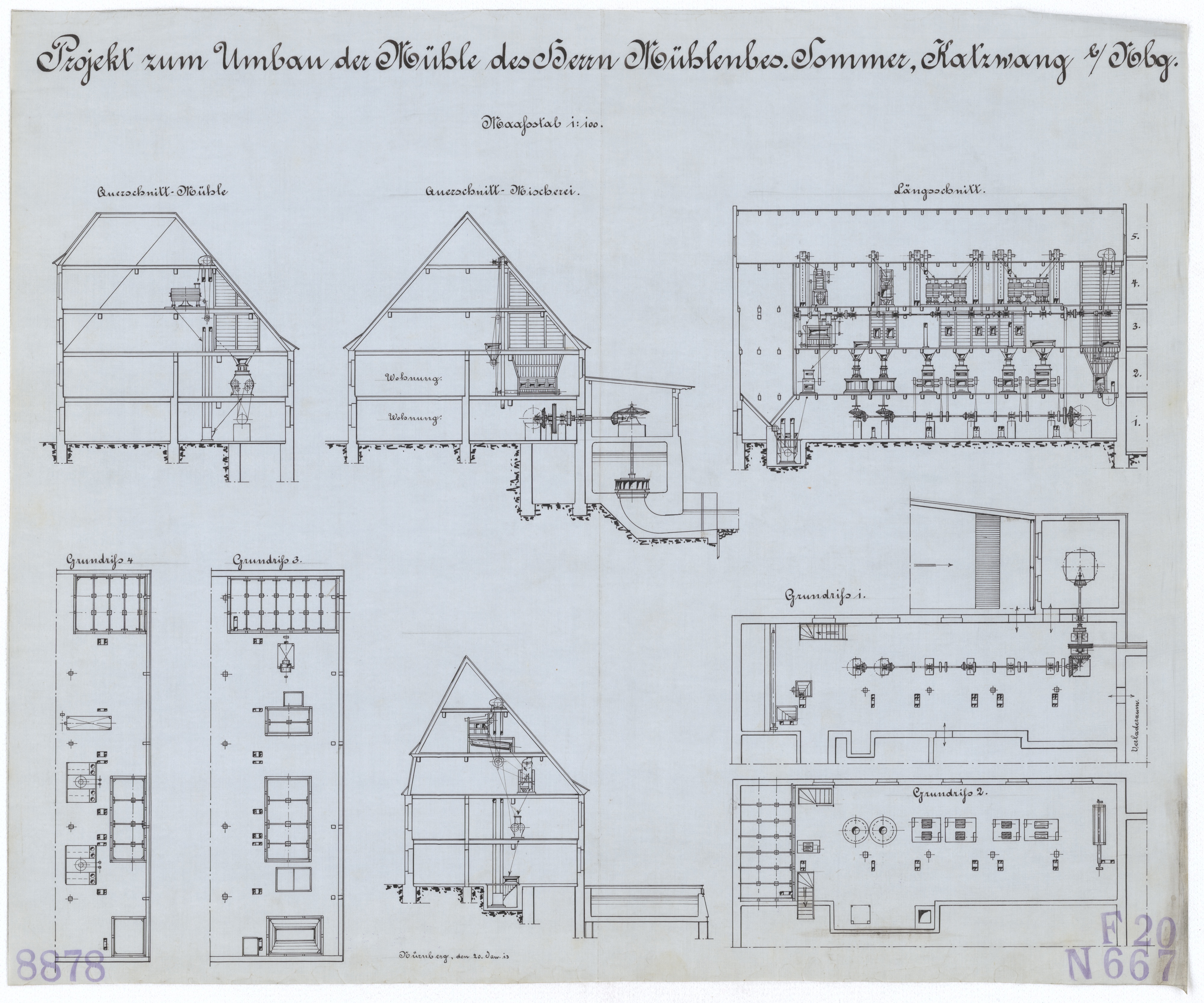 Technische Zeichnung : Projekt zum Umbau der Mühle des Herrn Mühlenbesitzer Sommer, Katzwang bei Nürnberg (Stiftung Deutsches Technikmuseum Berlin CC BY-SA)
