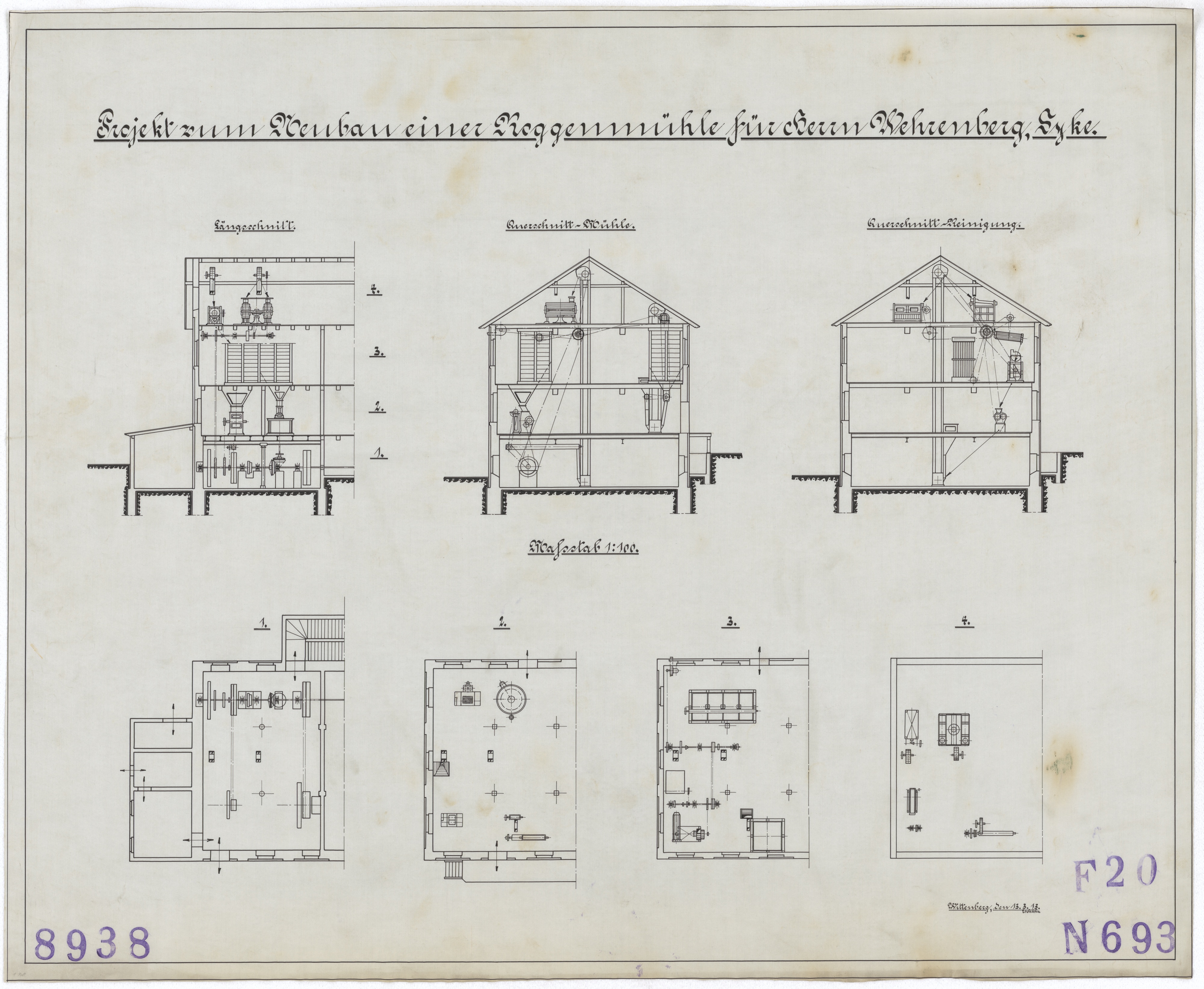 Technische Zeichnung : Projekt zum Neubau einer Roggenmühle für Herrn G. Wehrenberg, Syke (Stiftung Deutsches Technikmuseum Berlin CC BY-SA)