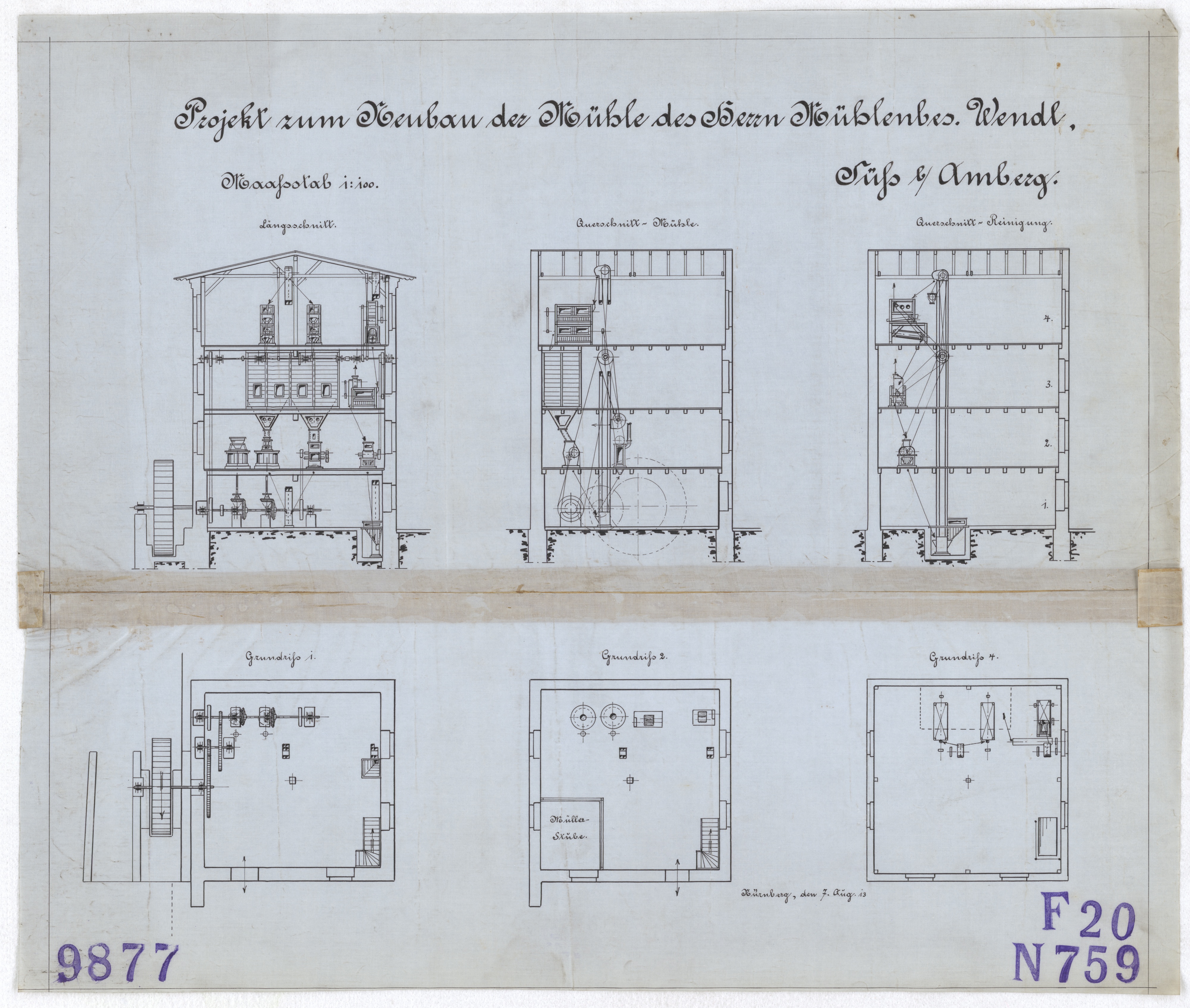 Technische Zeichnung : Projekt zum Neubau der Mühle des Herrn Mühlenbesitzer Wendl, Süß bei Amberg (Stiftung Deutsches Technikmuseum Berlin CC BY-SA)