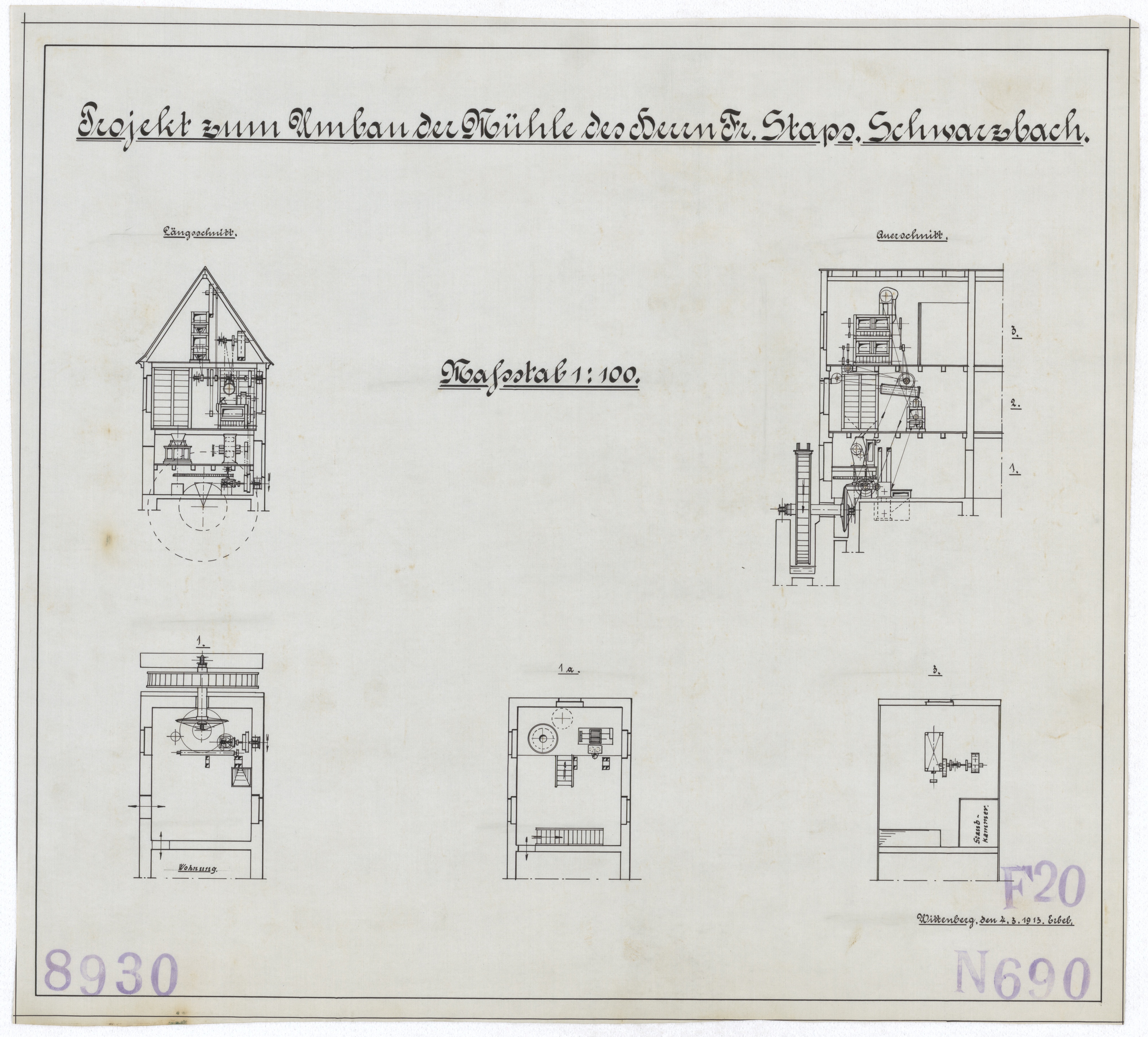Technische Zeichnung : Projekt zum Umbau der Mühle des Herrn Franz Staps, Schwarzbach (Stiftung Deutsches Technikmuseum Berlin CC BY-SA)